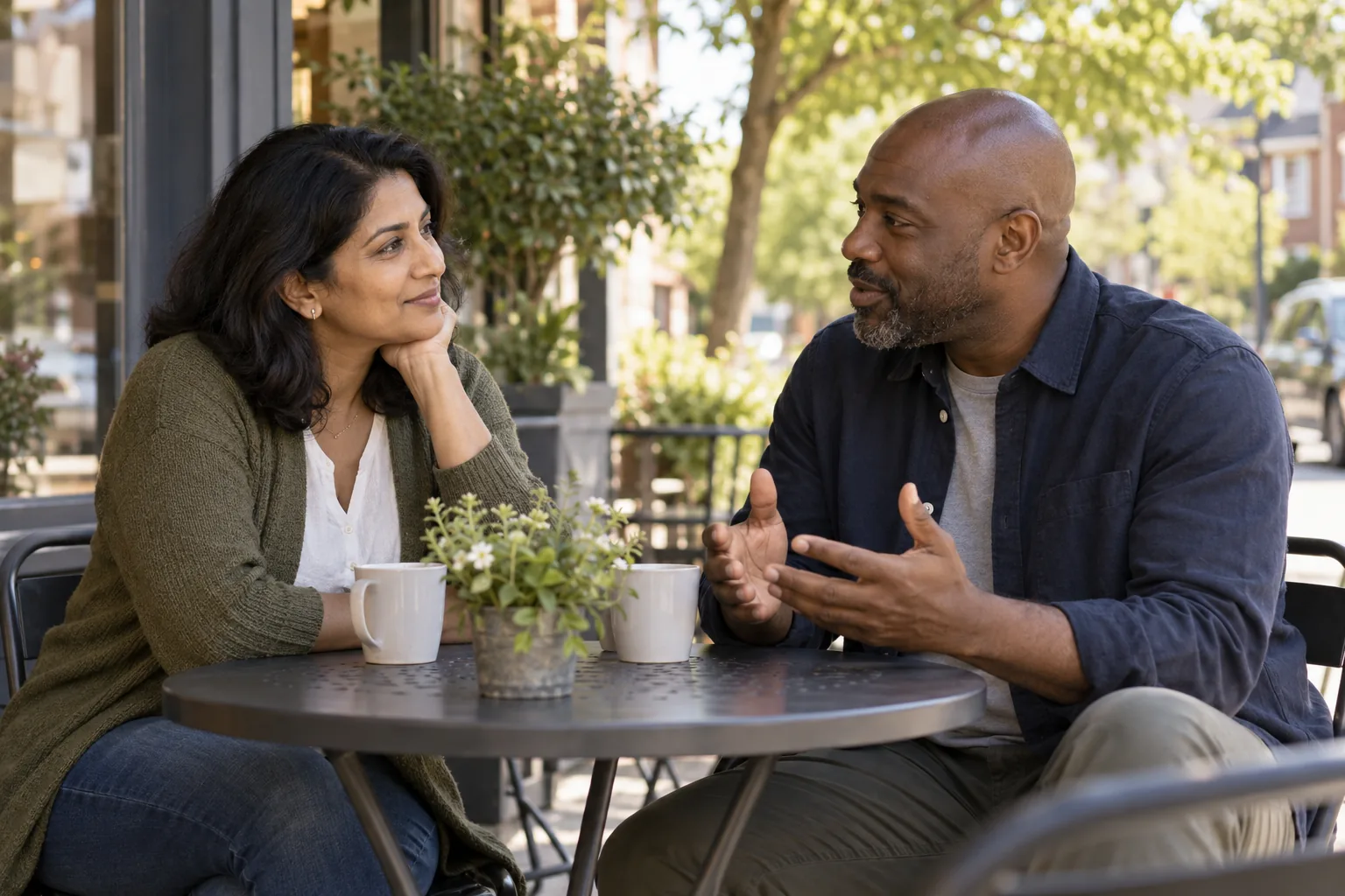 Two adults talk at an outdoor café table in daylight.