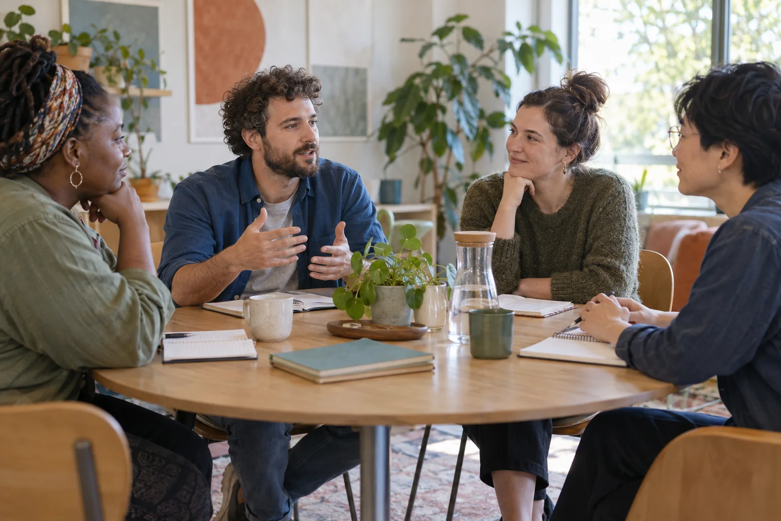 Quatre adultes échangent autour d’une table.