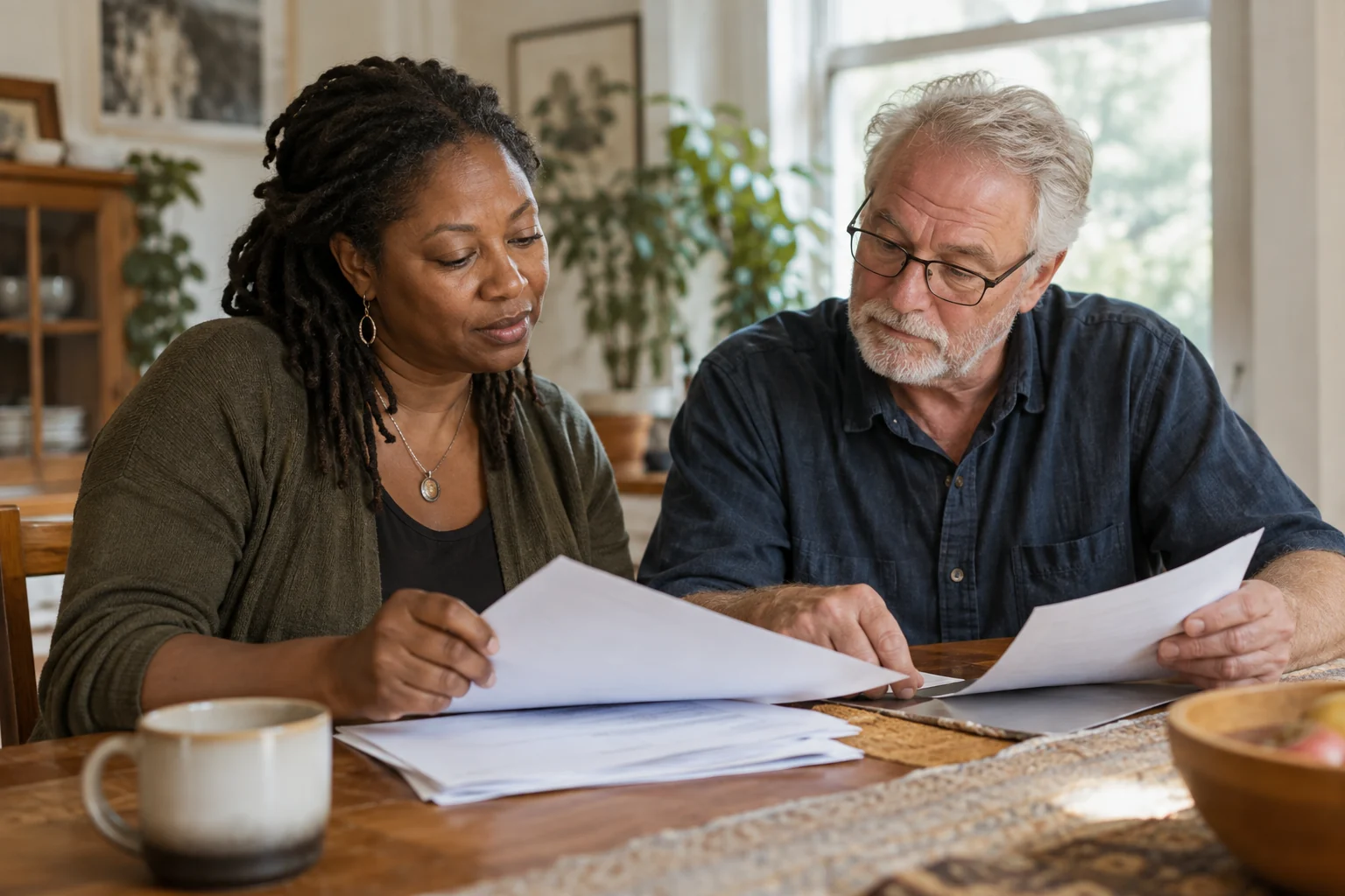 Deux adultes classent des documents ensemble à une table.