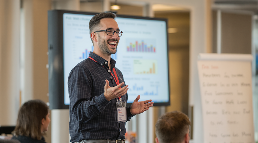 Researcher presenting at a conference