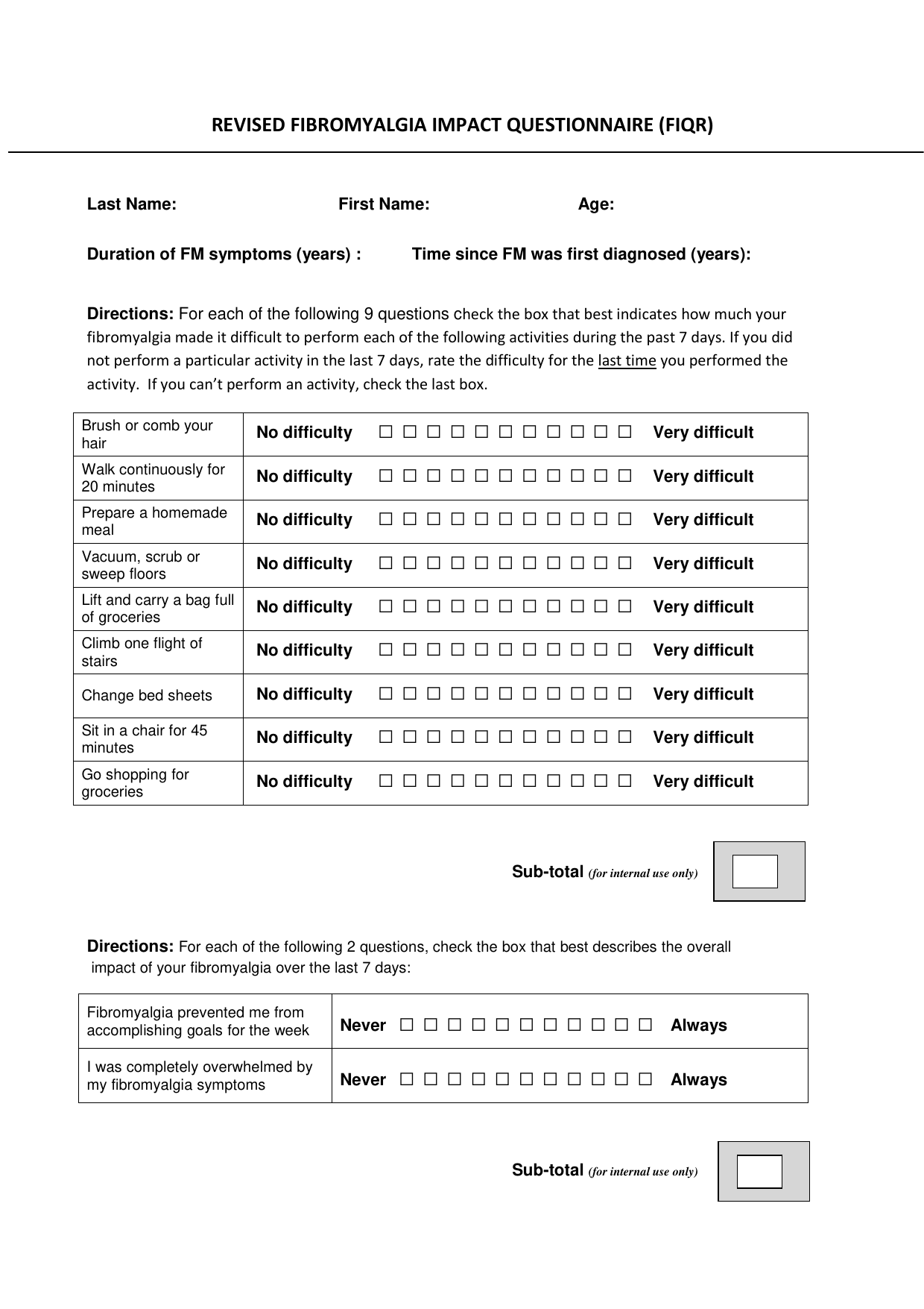 Fibromyalgia Impact Questionnaire (FIQ) PDF assessment form for measuring health status