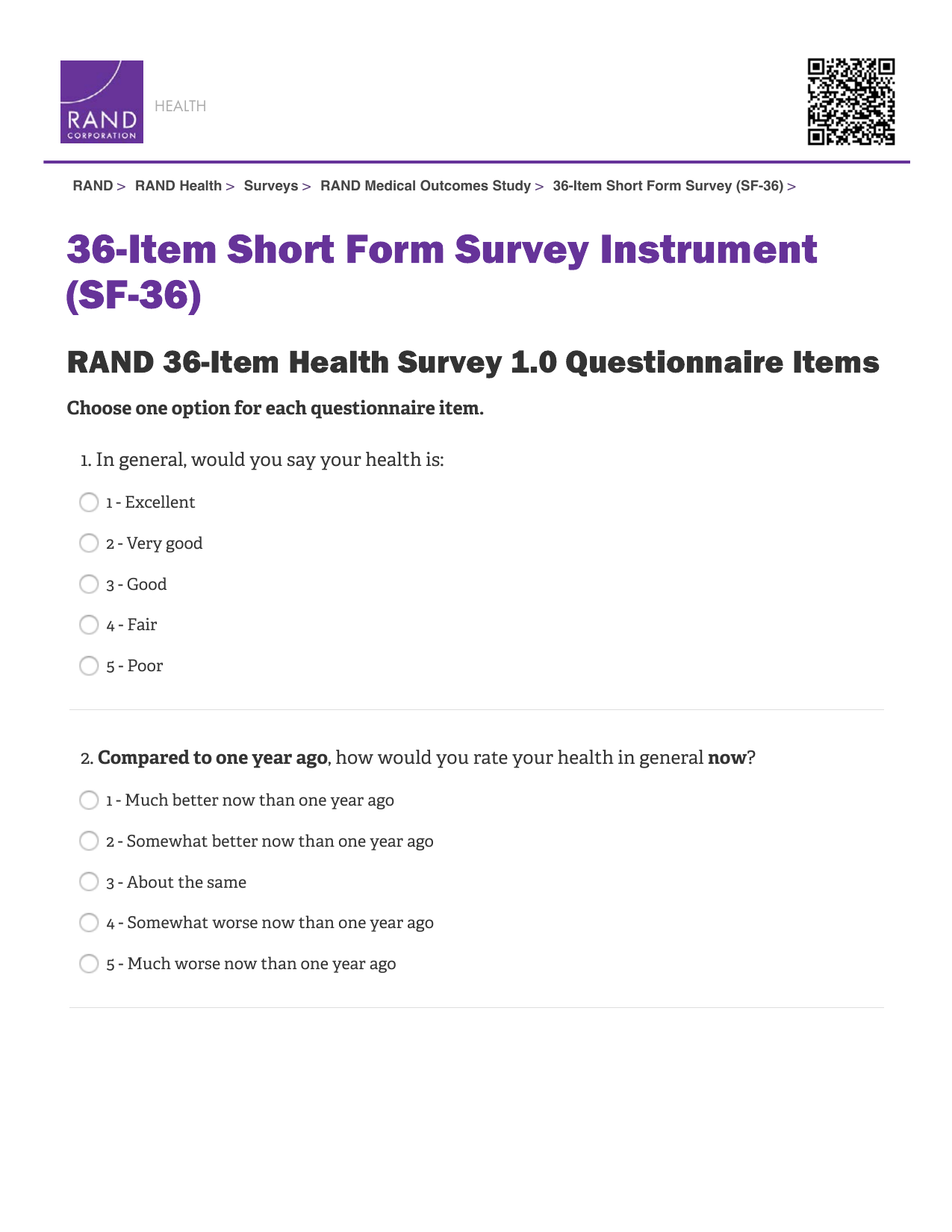 36-Item Short Form Health Survey PDF questionnaire for assessing patient health status