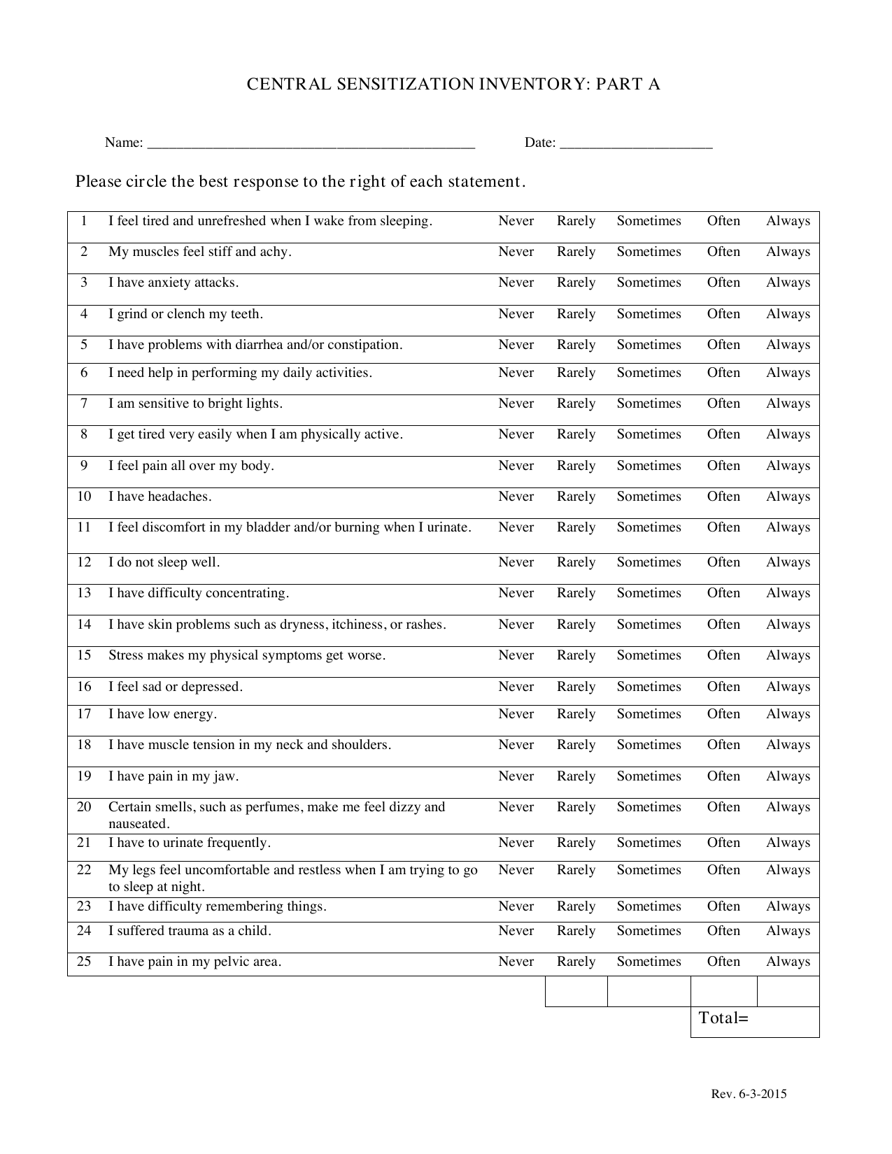 Central Sensitization Inventory PDF assessment form for central sensitivity syndromes