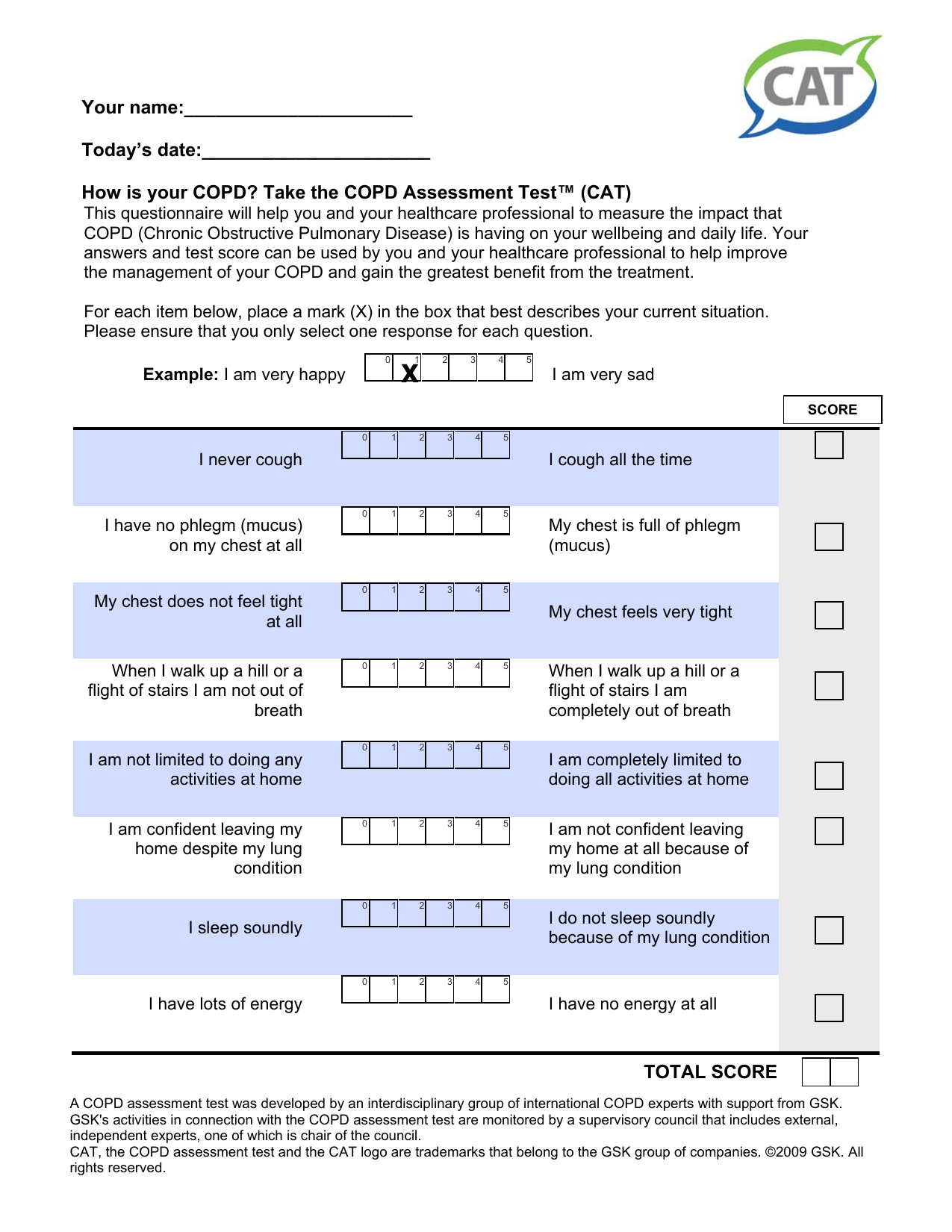 COPD Assessment Test PDF questionnaire for measuring the impact of COPD on health status