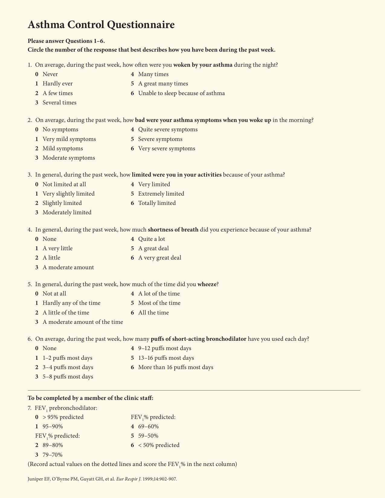 Asthma Control Questionnaire PDF assessment form for evaluating asthma control