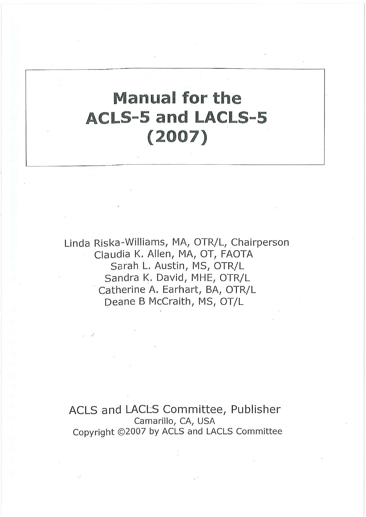 Allen Cognitive Level Screen (ACLS) functional cognition assessment PDF form