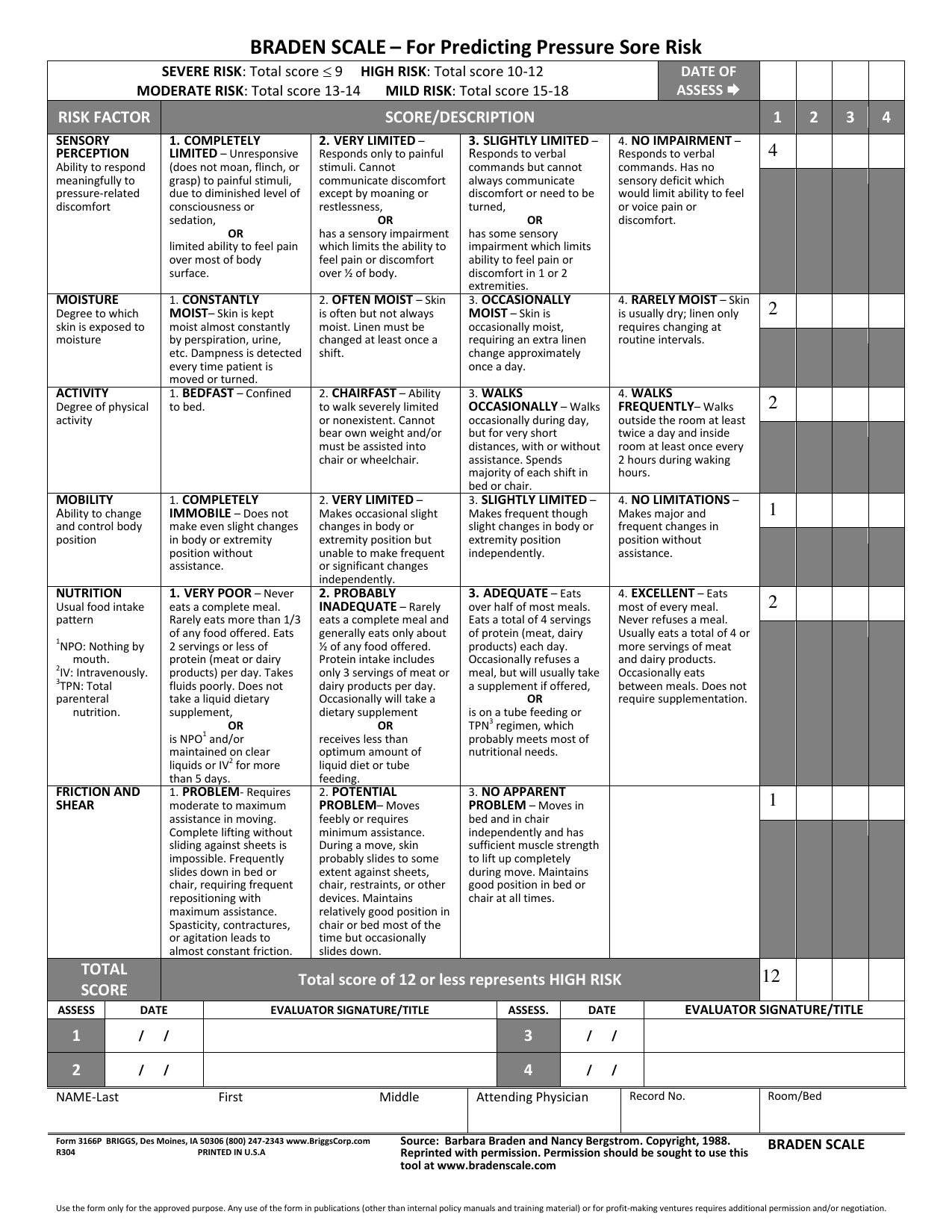 Braden Scale for Predicting Pressure Sore Risk PDF assessment form for clinical evaluation.