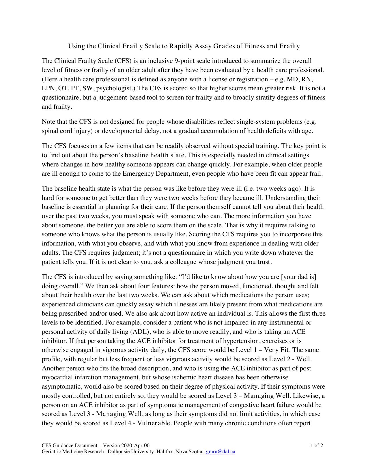 Clinical Frailty Scale (CFS) PDF assessment tool for evaluating frailty in older adults