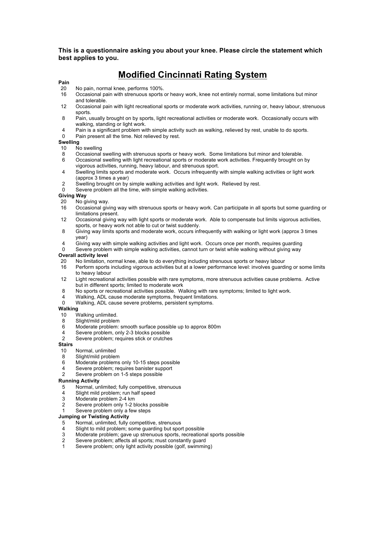 Cincinnati Knee Rating System PDF assessment form for evaluating knee function and symptoms.