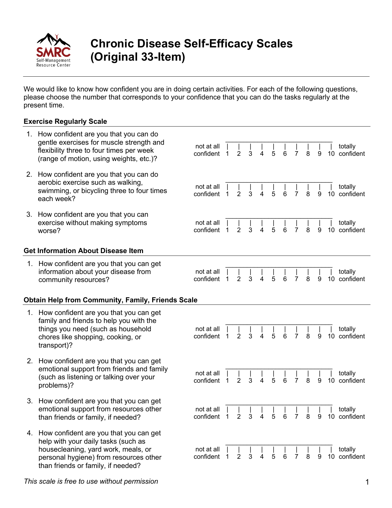 Chronic Disease Self-Efficacy Scale (CDSES) PDF assessment form for managing chronic conditions
