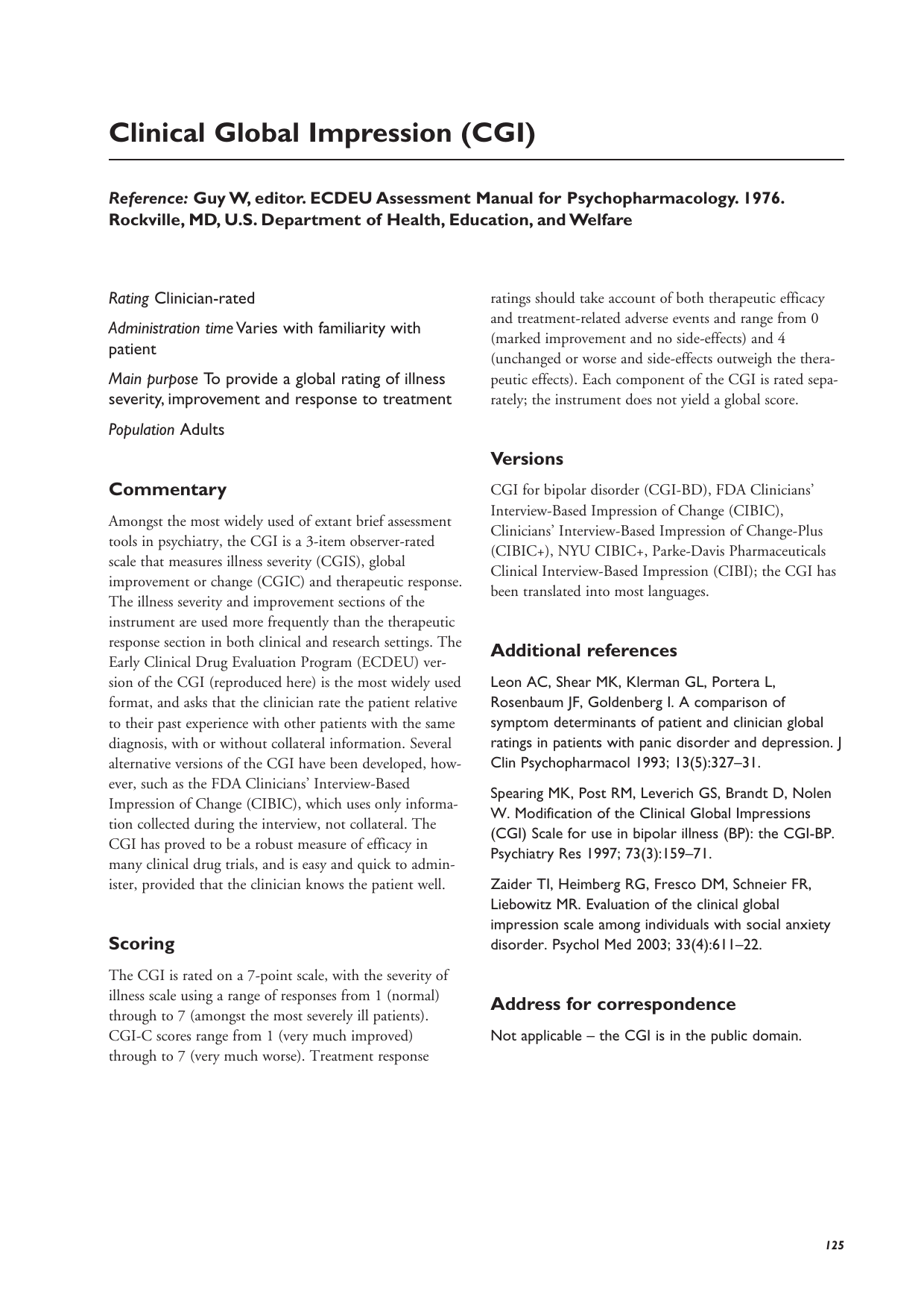 Clinical Global Impression Scale (CGI) PDF assessment form for rating symptom severity and improvement.