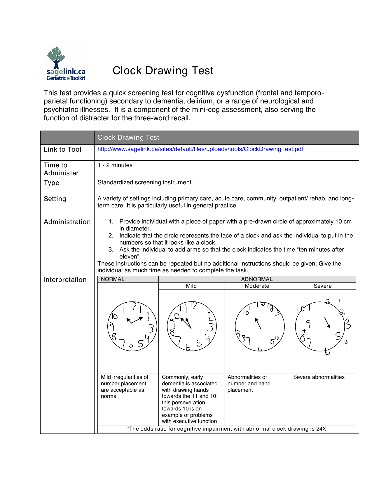 Clock Drawing Test (CDT) cognitive assessment PDF form for dementia screening