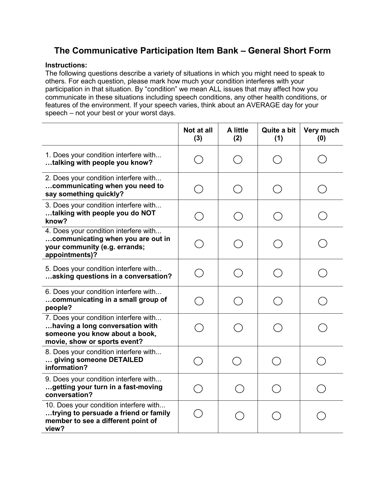 Communicative Participation Item Bank - Short Form (CPIB-SF) PDF questionnaire for assessing communication.