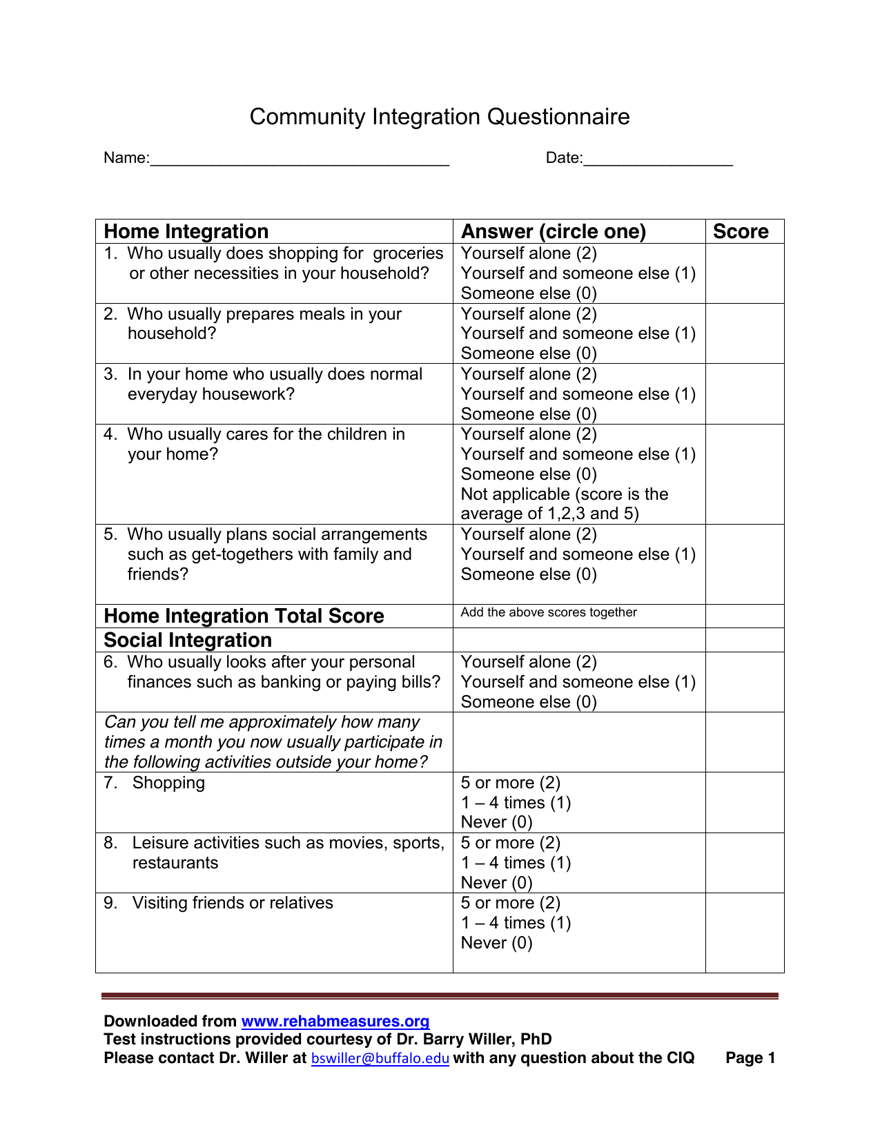 Community Integration Questionnaire (CIQ) PDF assessment form for measuring social integration.