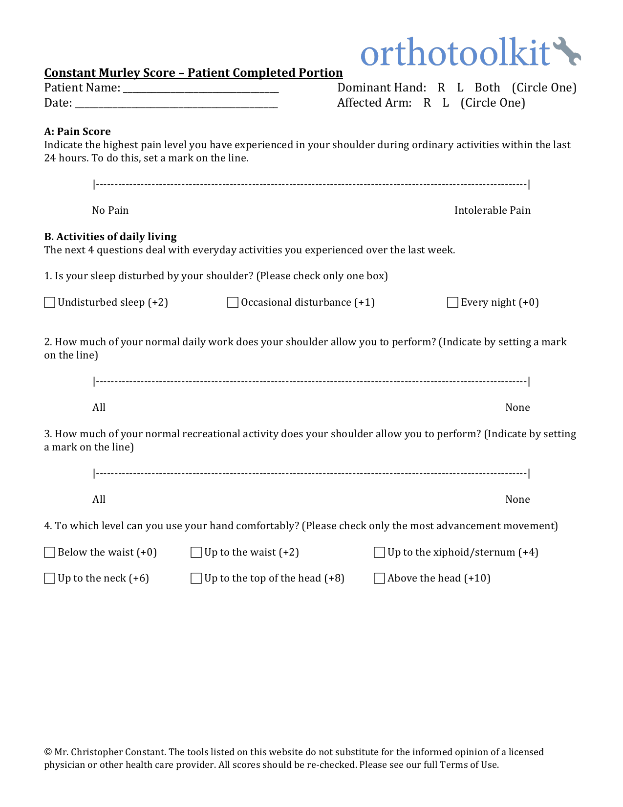 Constant-Murley Score (CMS) PDF assessment form for shoulder function