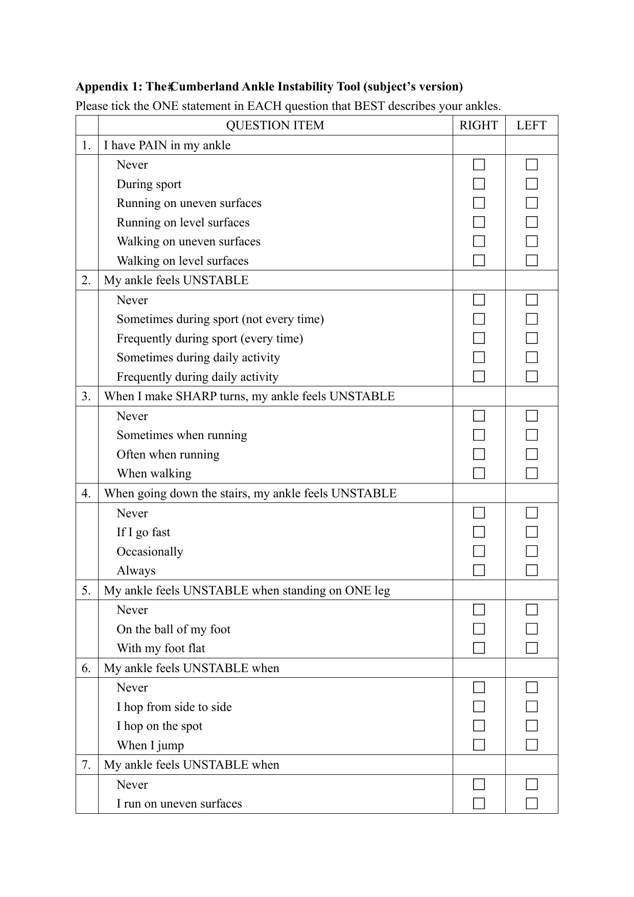 Cumberland Ankle Instability Tool (CAIT) PDF questionnaire for assessing ankle stability.