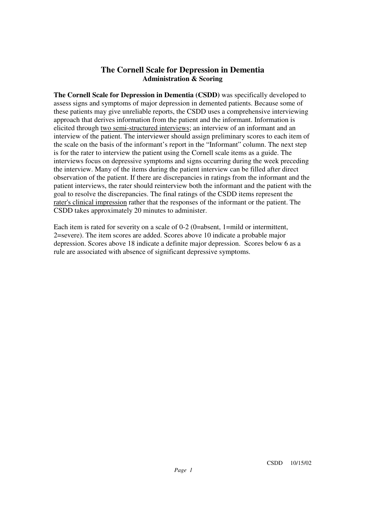 Cornell Scale for Depression in Dementia (CSDD) PDF assessment form for screening depression.
