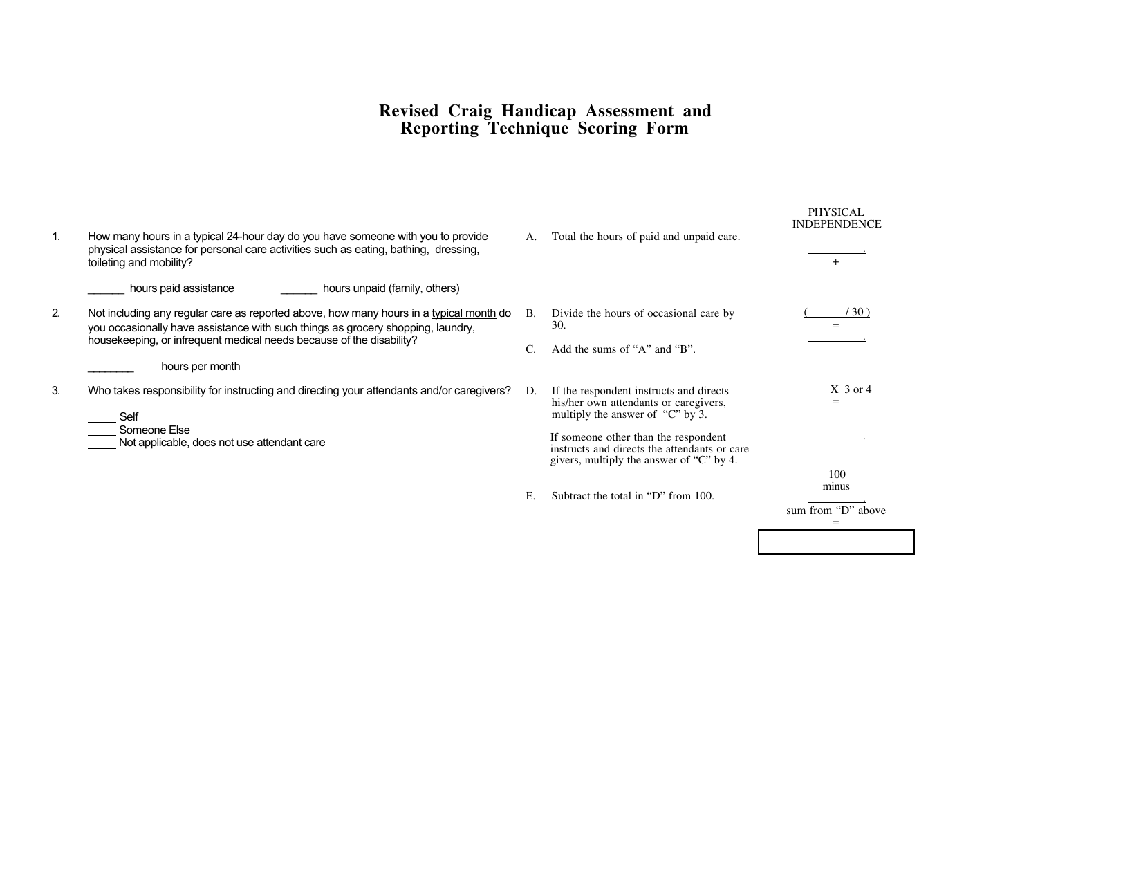 Craig Handicap Assessment and Reporting Technique (CHART) PDF questionnaire for measuring social participation.
