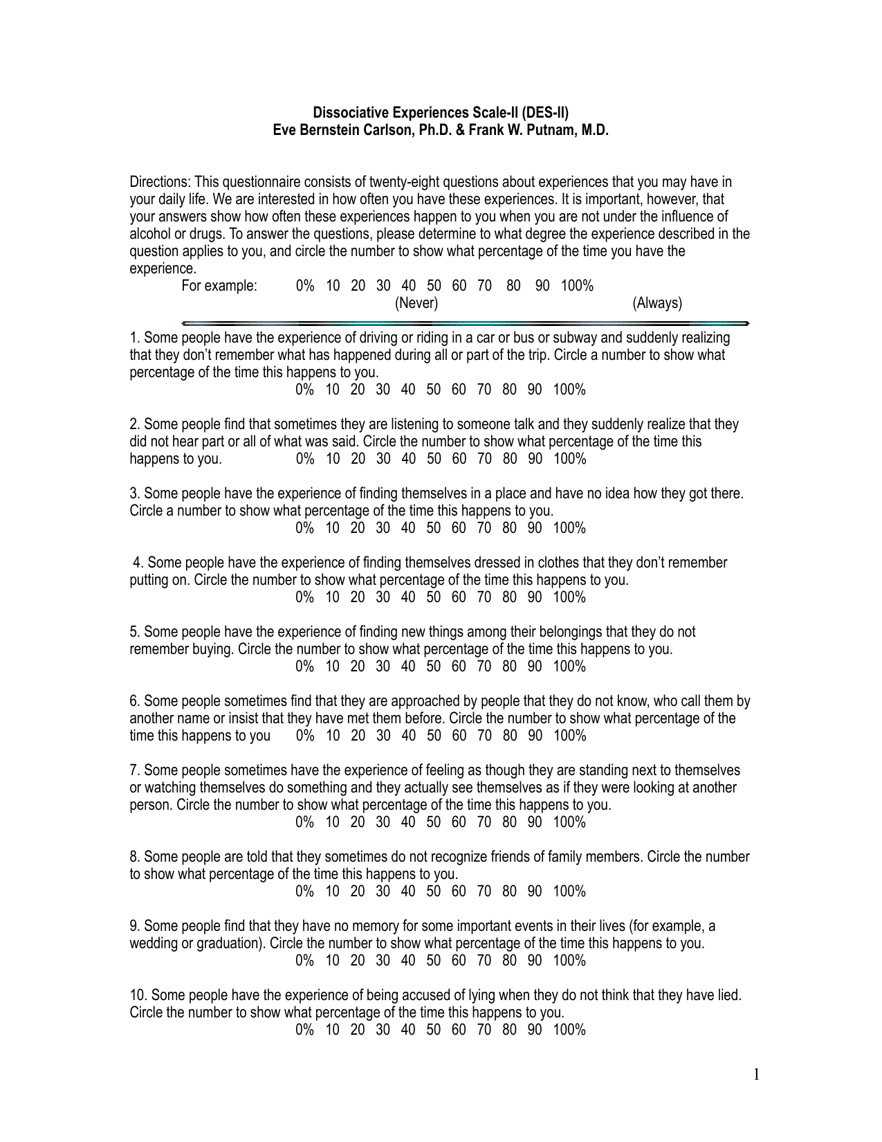 Dissociative Experiences Scale (DES-II) PDF questionnaire for assessing dissociation.