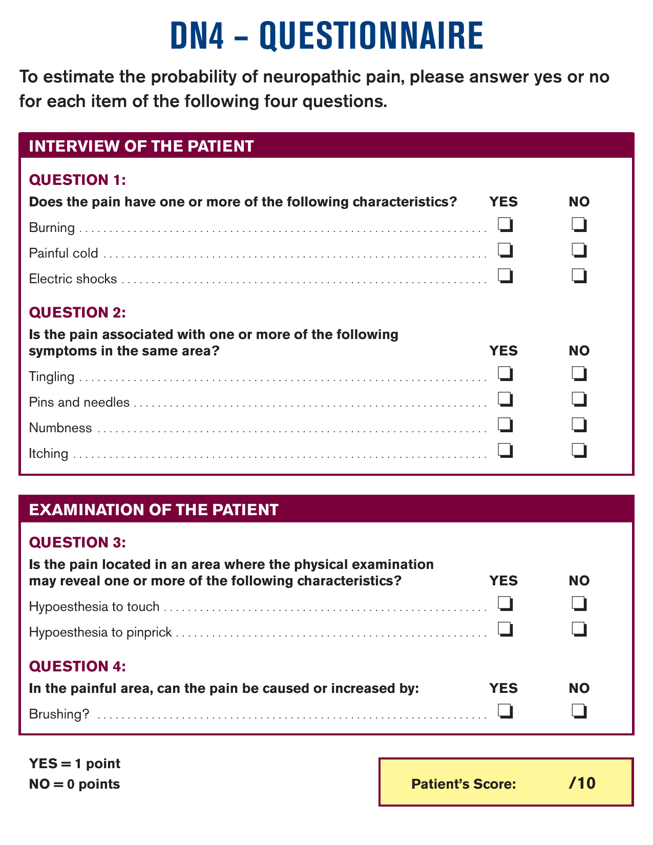 Douleur Neuropathique 4 Questions (DN4) PDF screening tool for neuropathic pain assessment