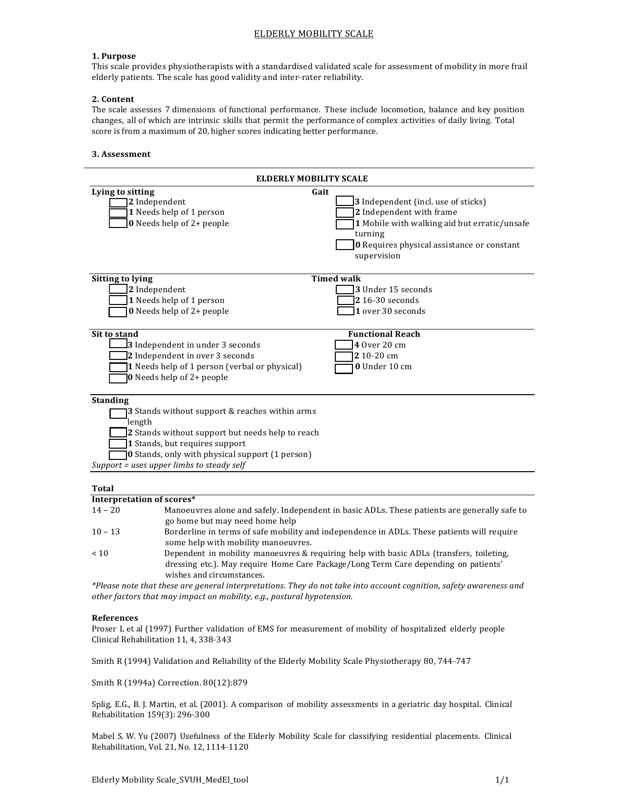 Elderly Mobility Scale (EMS) PDF assessment form for evaluating mobility and balance.