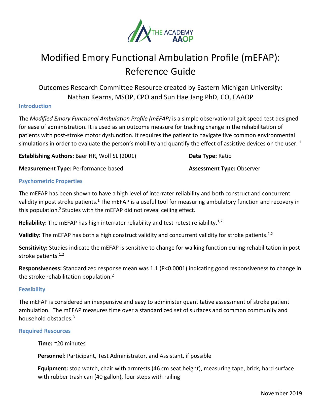 Emory Functional Ambulation Profile (EFAP) PDF assessment form for measuring walking ability