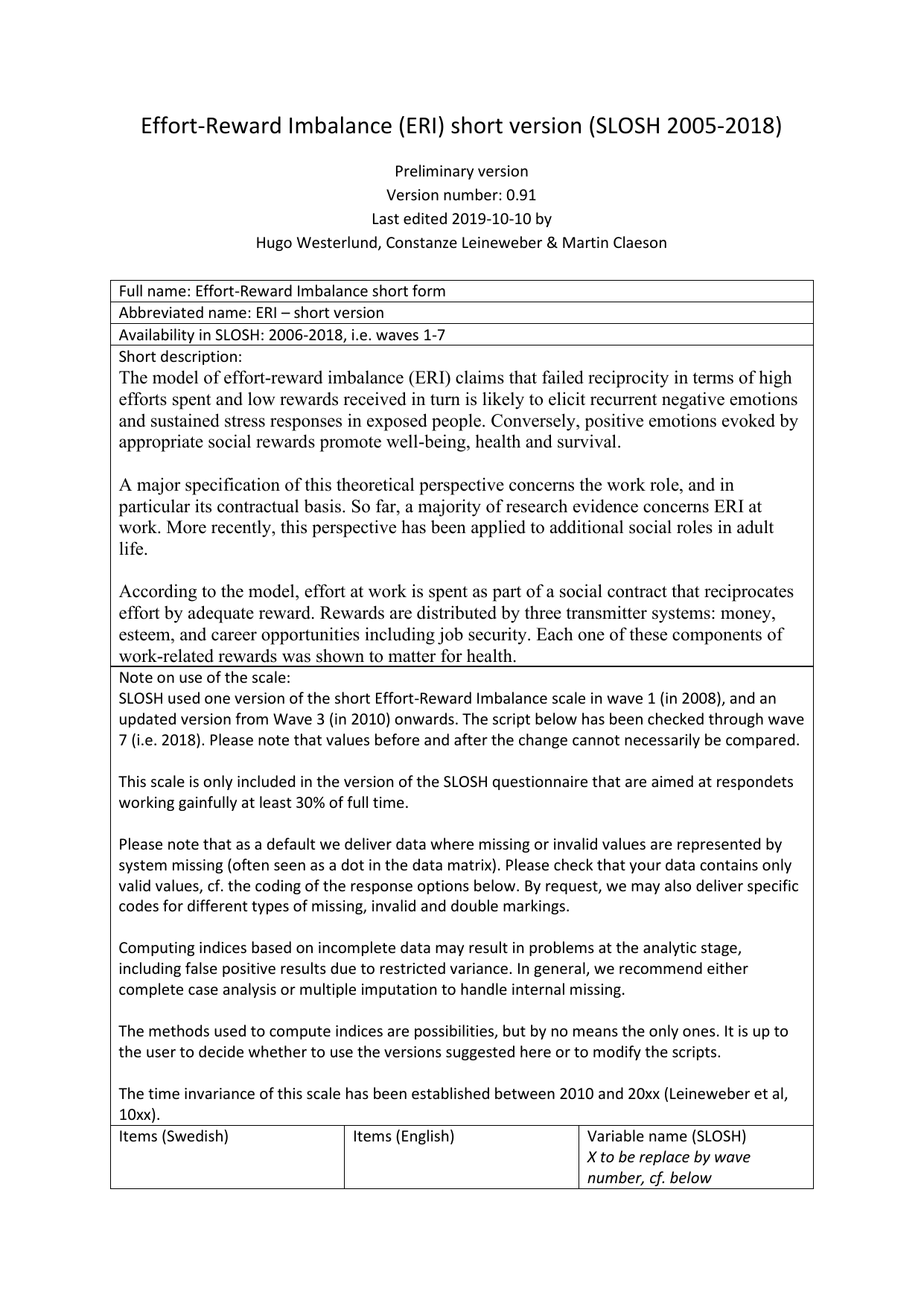 Effort-Reward Imbalance Questionnaire (ERI) PDF form for assessing work-related stress