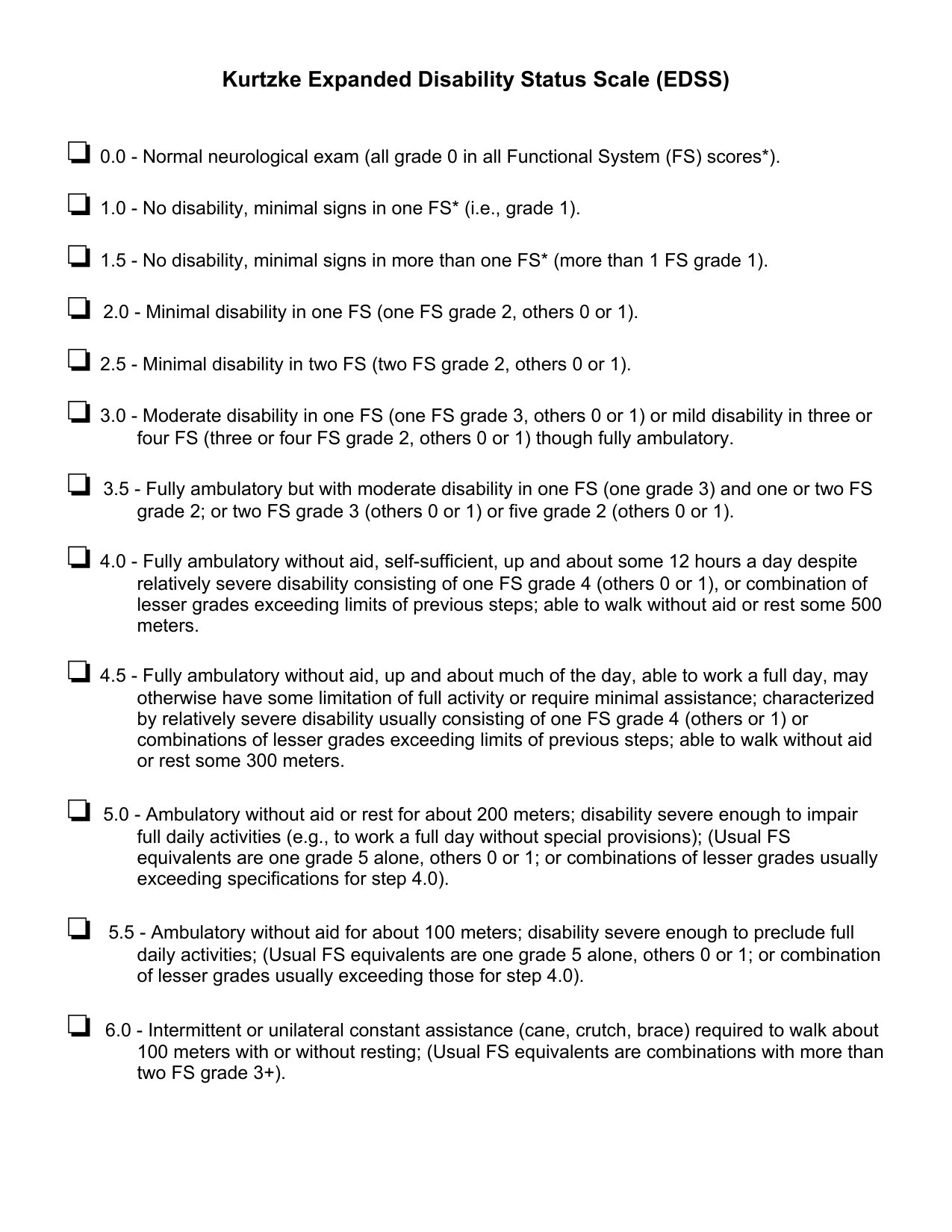 Expanded Disability Status Scale (EDSS) PDF assessment form for multiple sclerosis disability.