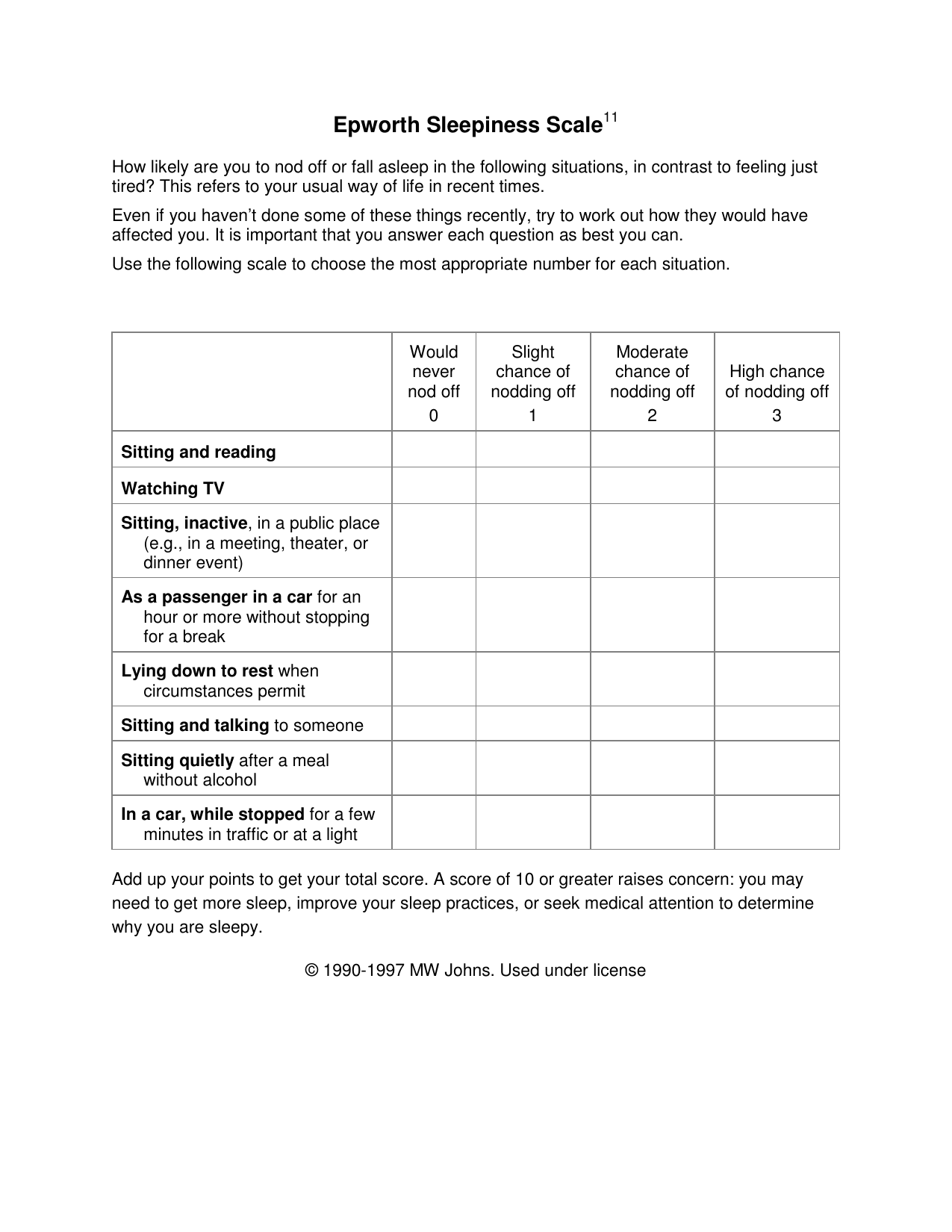 Epworth Sleepiness Scale (ESS) PDF questionnaire for assessing daytime sleepiness