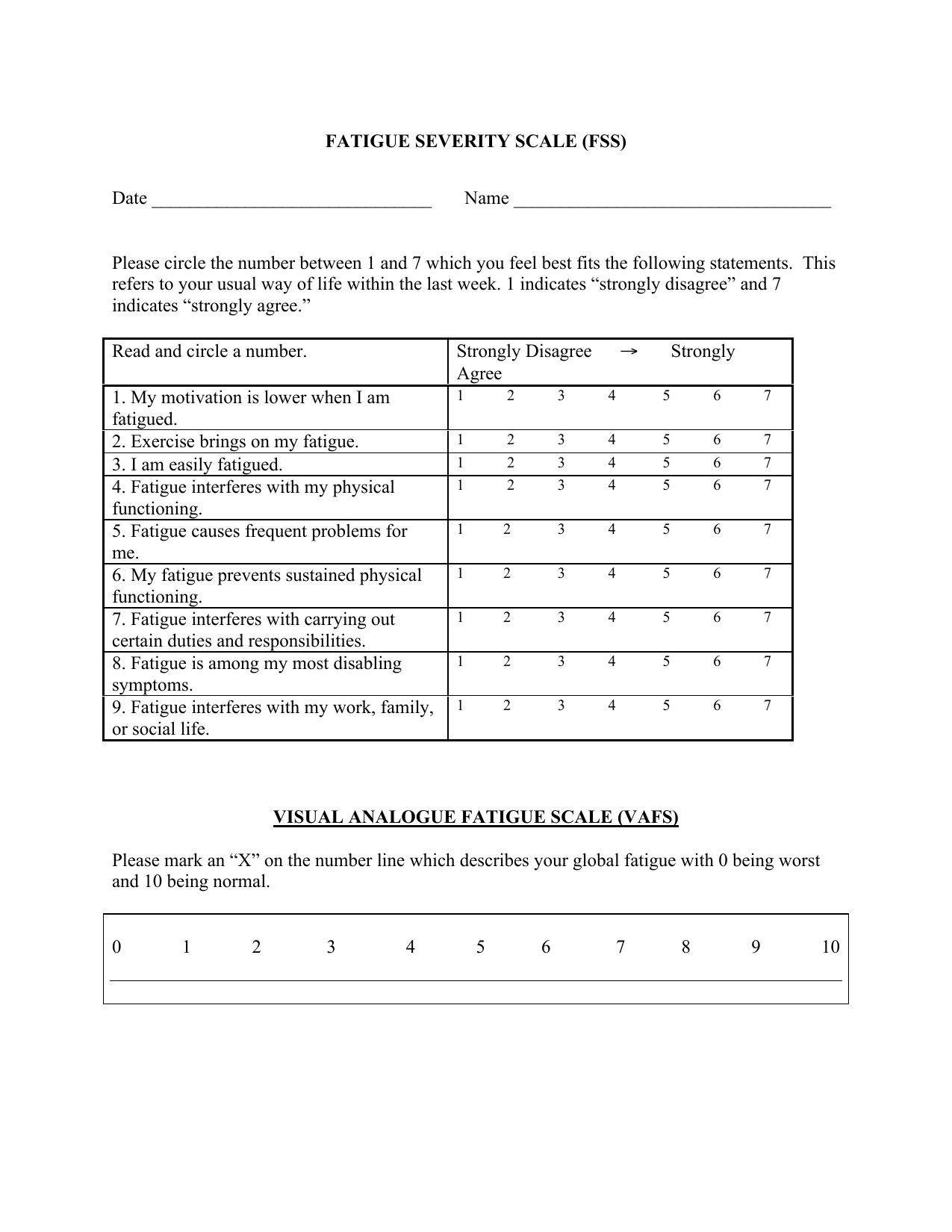 Fatigue Severity Scale (FSS) PDF questionnaire for assessing the impact of fatigue.
