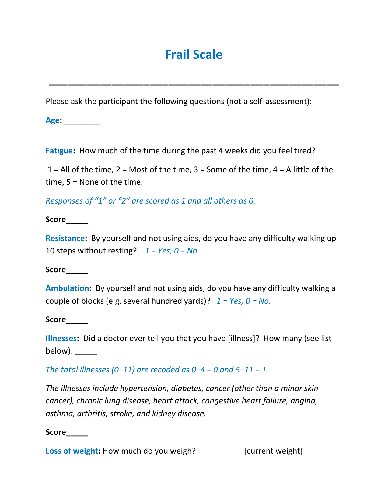 FRAIL Scale clinical assessment PDF form for screening frailty status