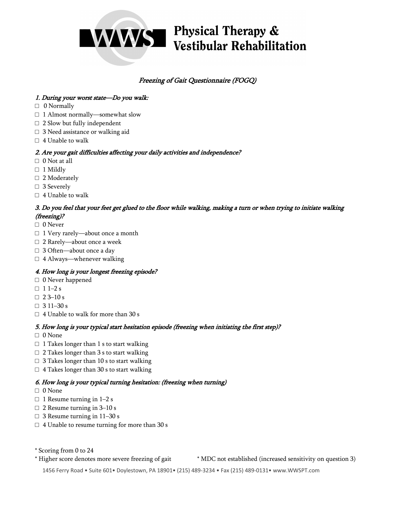 Freezing of Gait Questionnaire (FOG-Q) PDF assessment form for gait disturbances