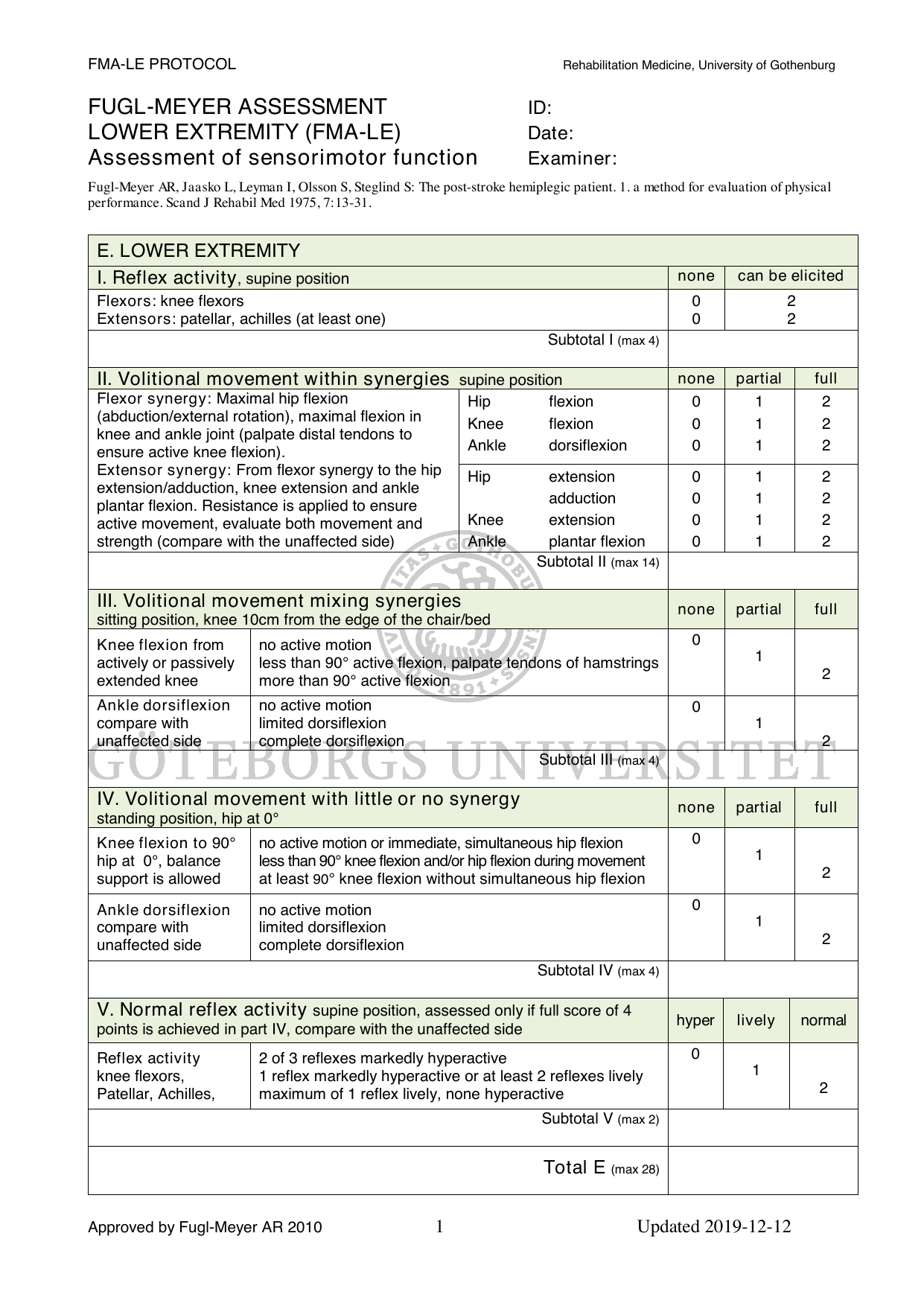 Fugl-Meyer Assessment - Lower Extremity (FMA-LE) PDF scoring form for motor recovery