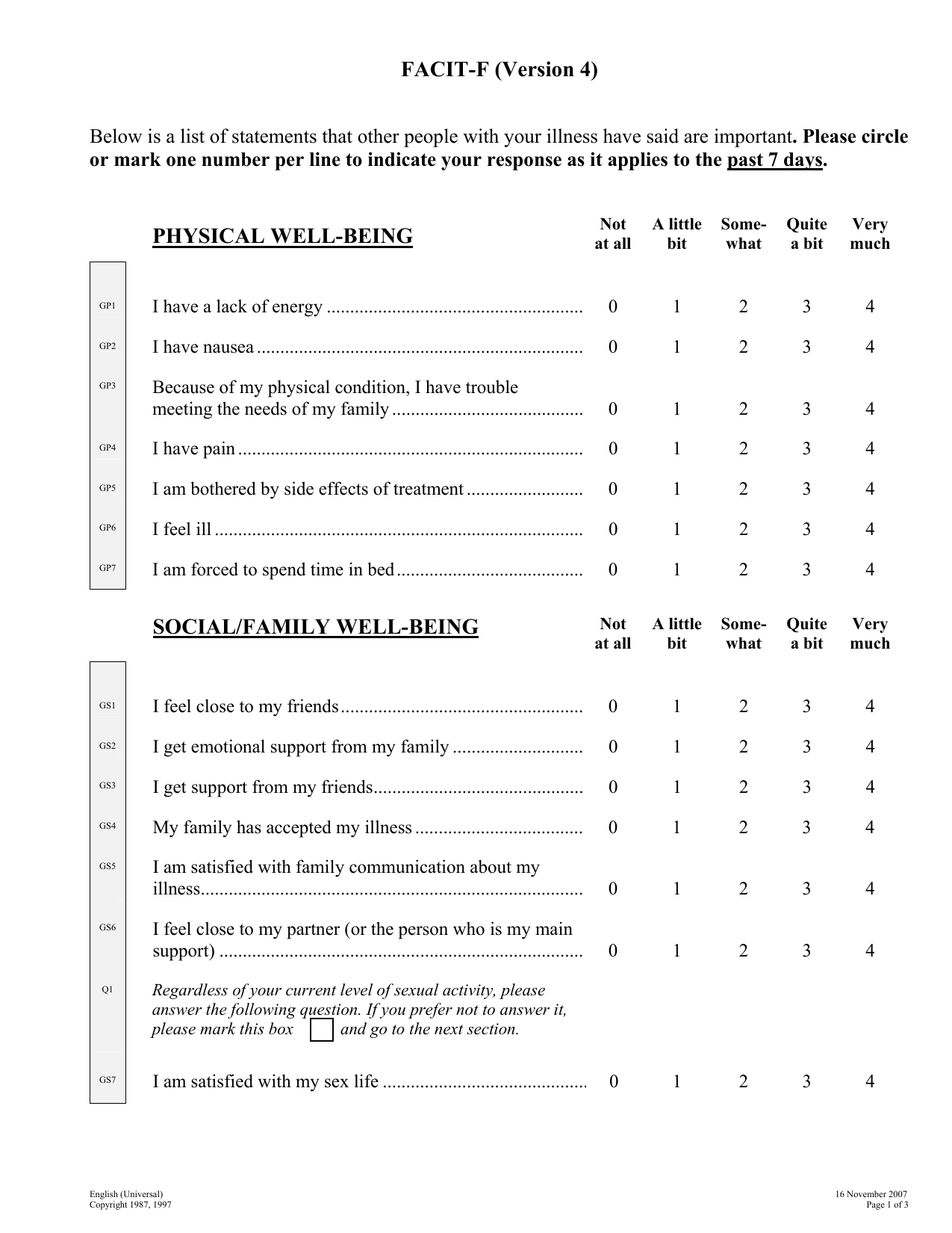 Functional Assessment of Chronic Illness Therapy - Fatigue (FACIT-F) PDF assessment form