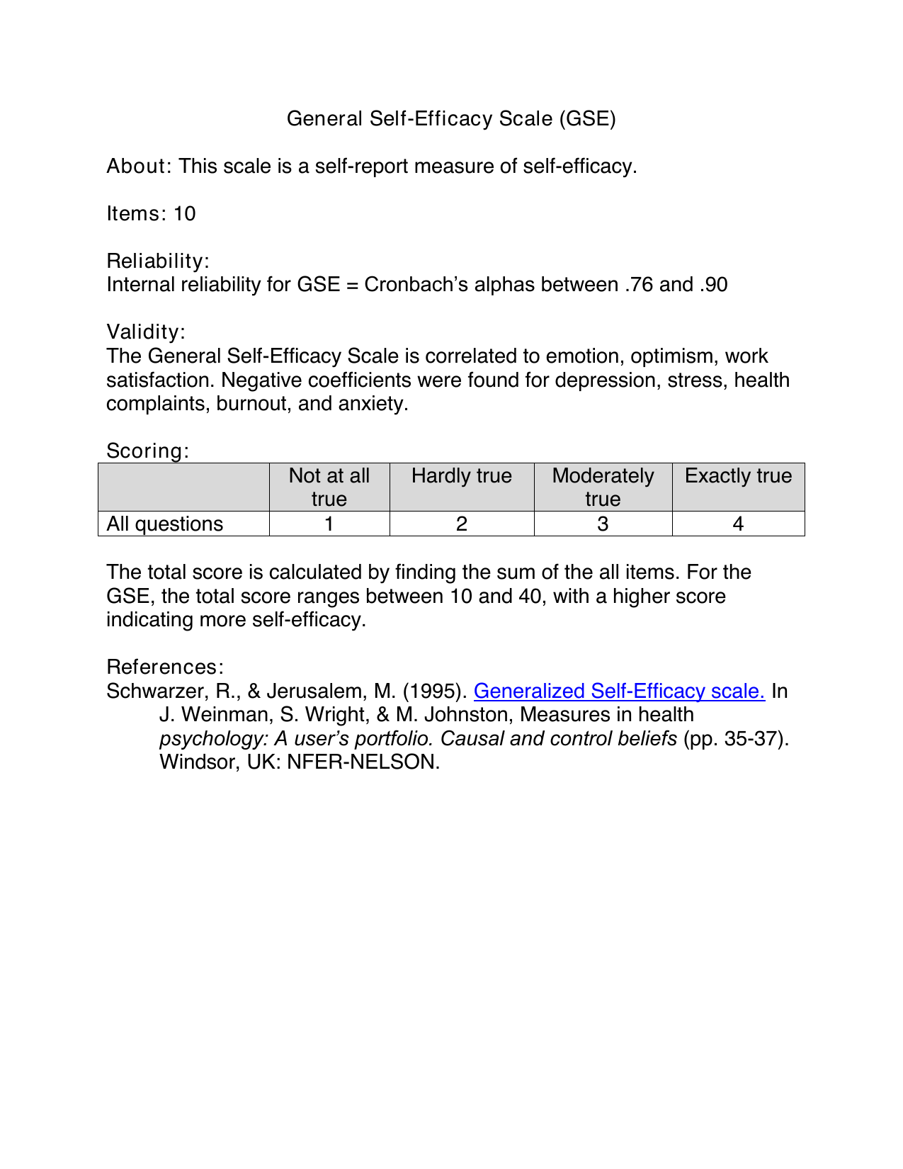 General Self-Efficacy Scale (GSE) PDF assessment form for measuring perceived self-efficacy.