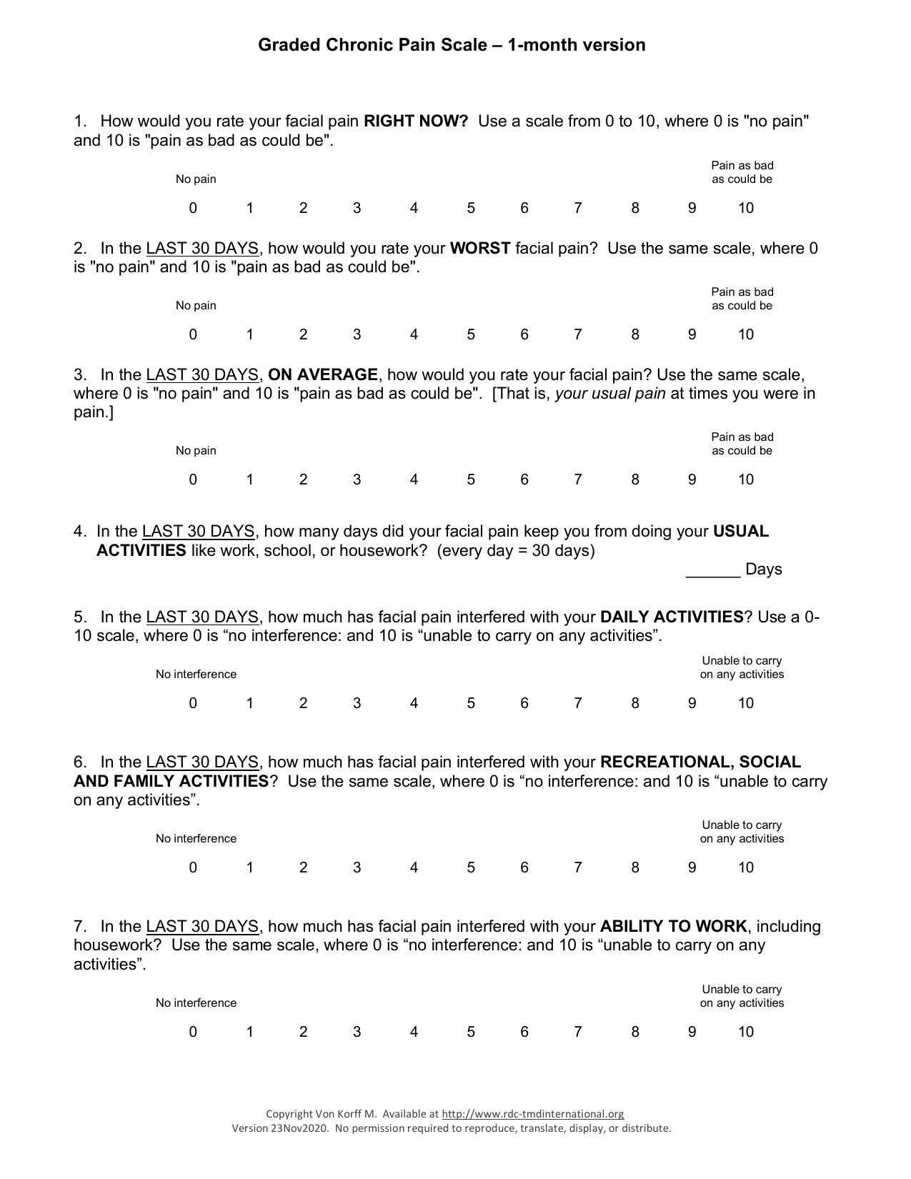 Graded Chronic Pain Scale (GCPS) PDF questionnaire for assessing pain severity