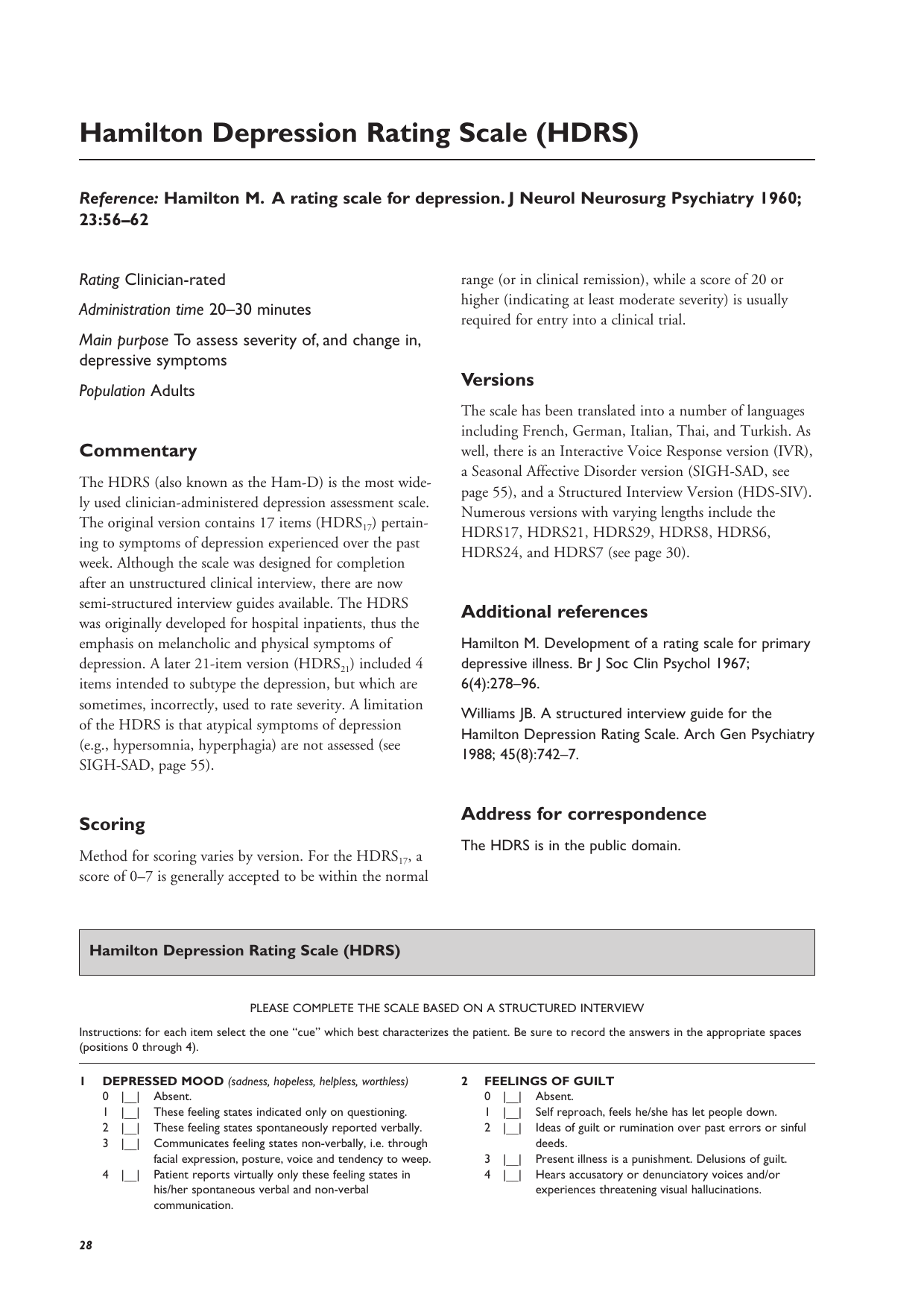 Hamilton Depression Rating Scale (HAM-D) clinical assessment PDF form for evaluating depression.