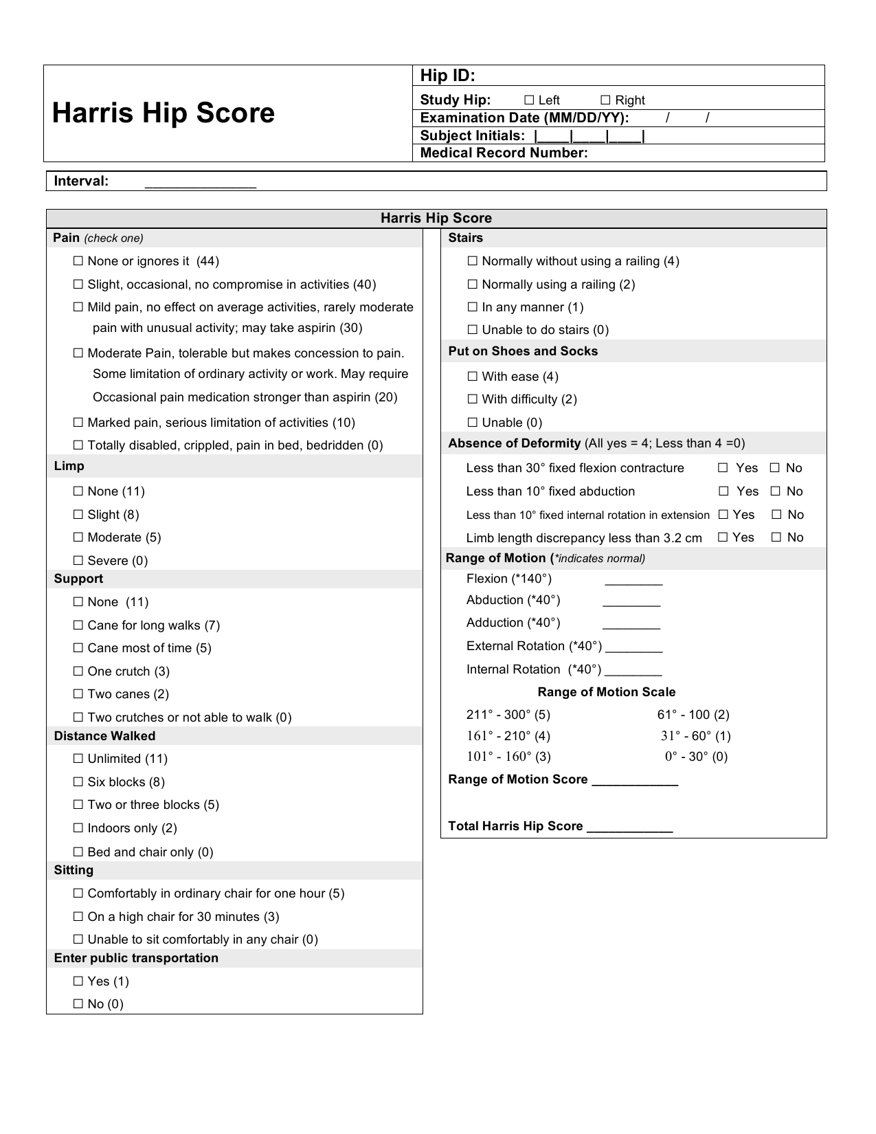 Harris Hip Score (HHS) clinical assessment PDF form for evaluating hip function.