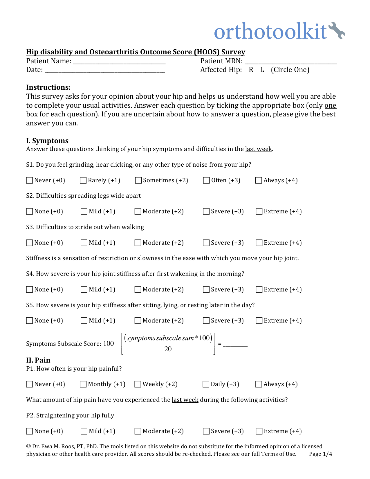Hip Disability and Osteoarthritis Outcome Score (HOOS) PDF assessment questionnaire.