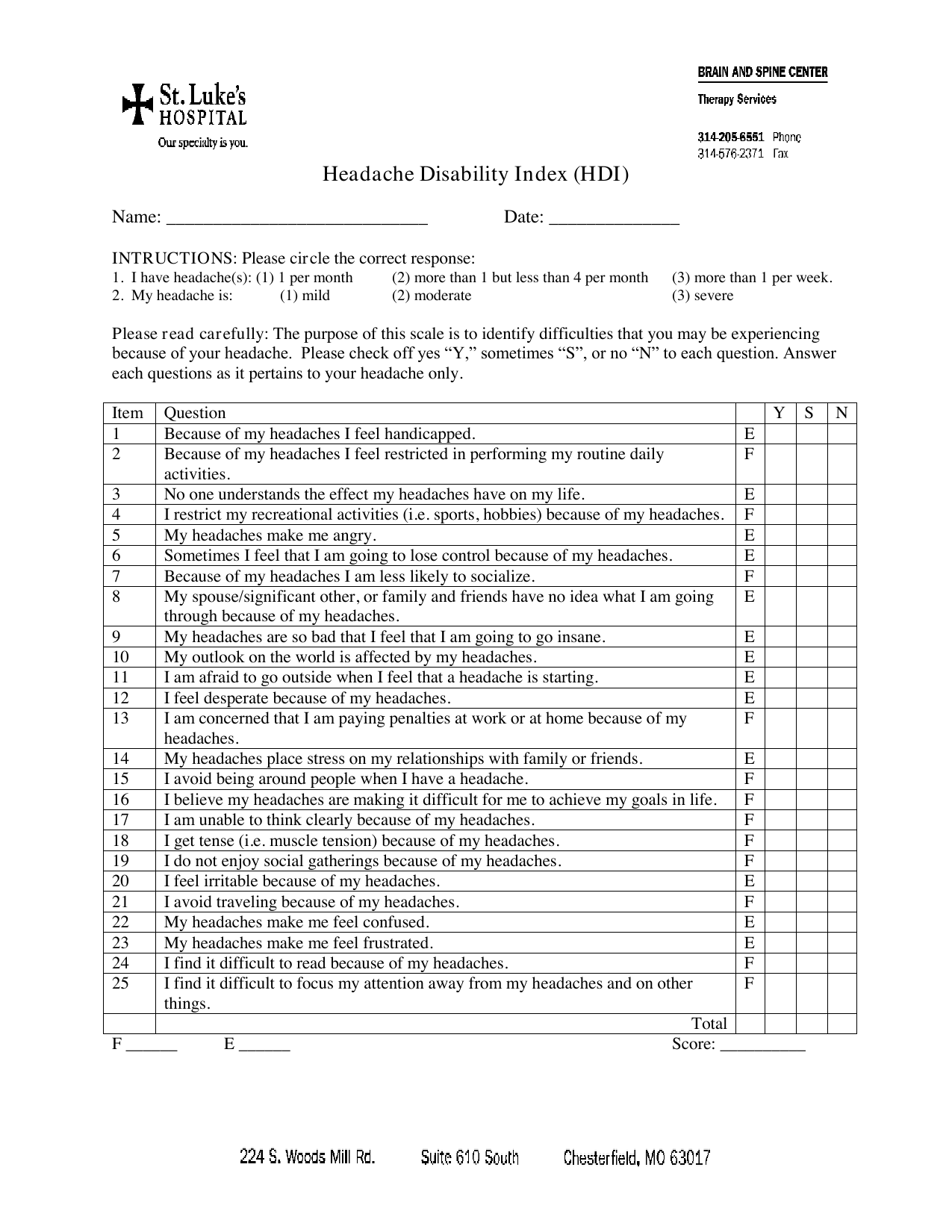 Henry Ford Headache Disability Inventory (HDI) PDF questionnaire for assessing headache impact.