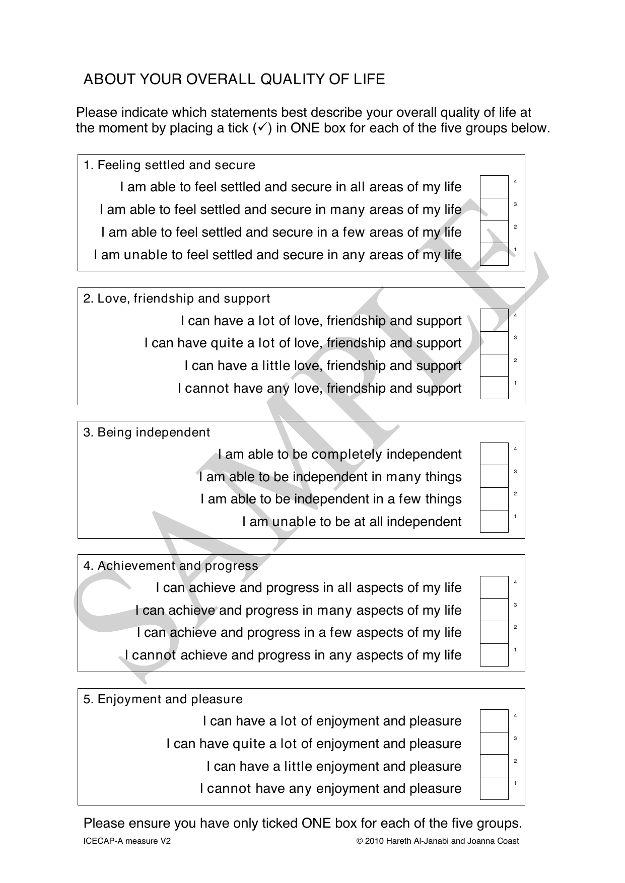 ICECAP-A ICEpop CAPability Measure for Adults PDF assessment form for quality of life