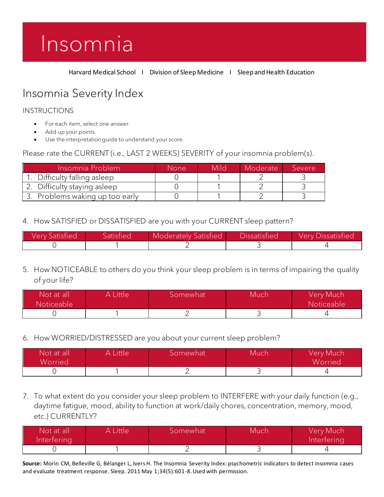 Insomnia Severity Index (ISI-Sleep) PDF questionnaire for assessing insomnia severity.