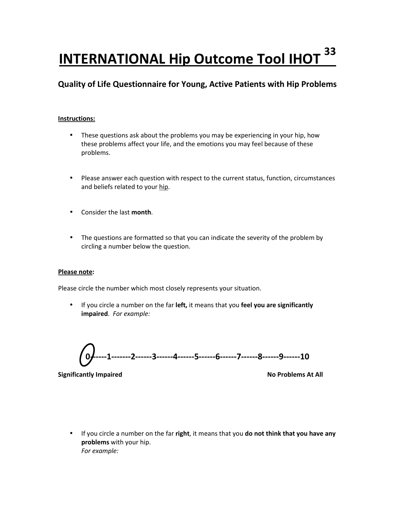 International Hip Outcome Tool (iHOT-33) PDF questionnaire for assessing hip quality of life
