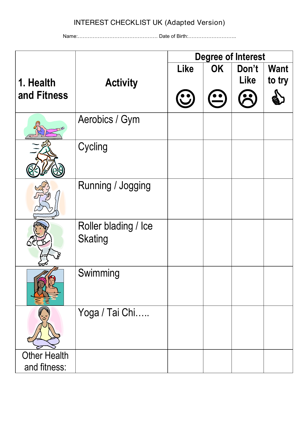 Interest Checklist occupational therapy assessment PDF form for tracking interests
