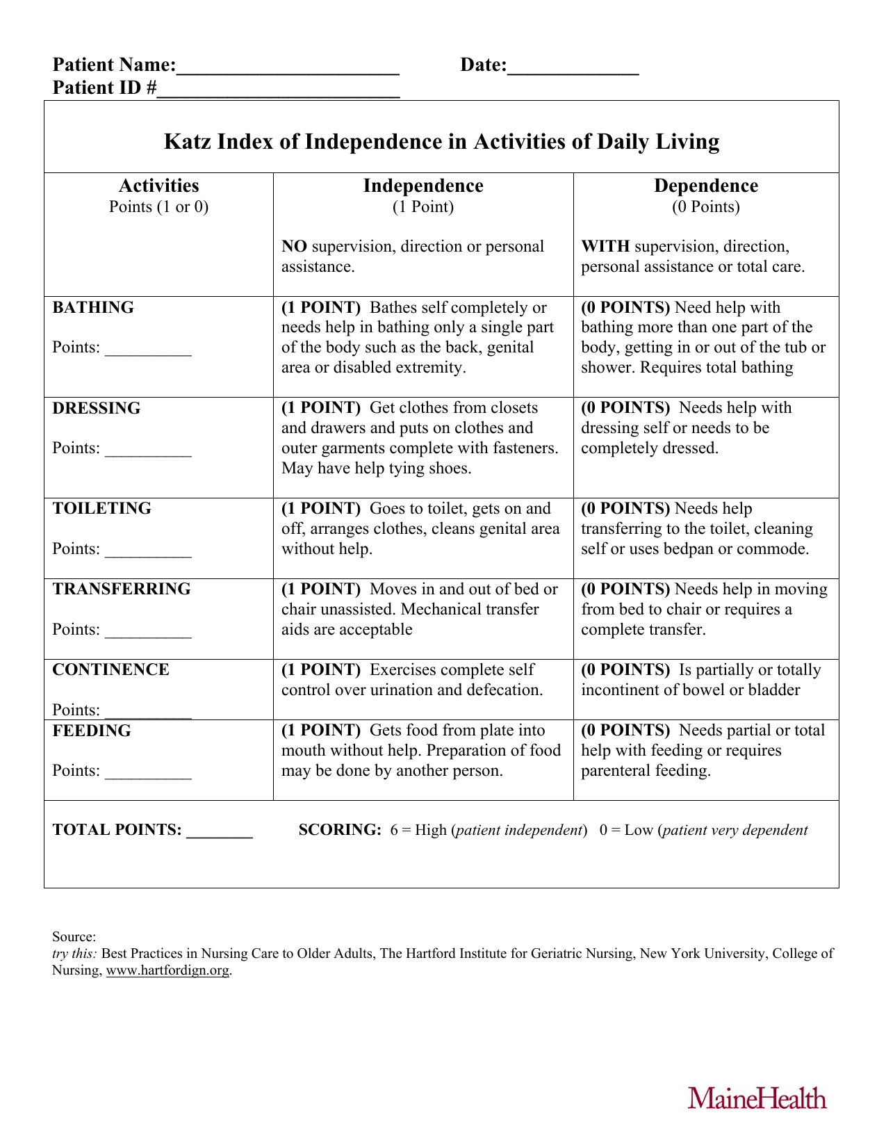 Katz Index of Independence in Activities of Daily Living (Katz ADL) PDF assessment form.