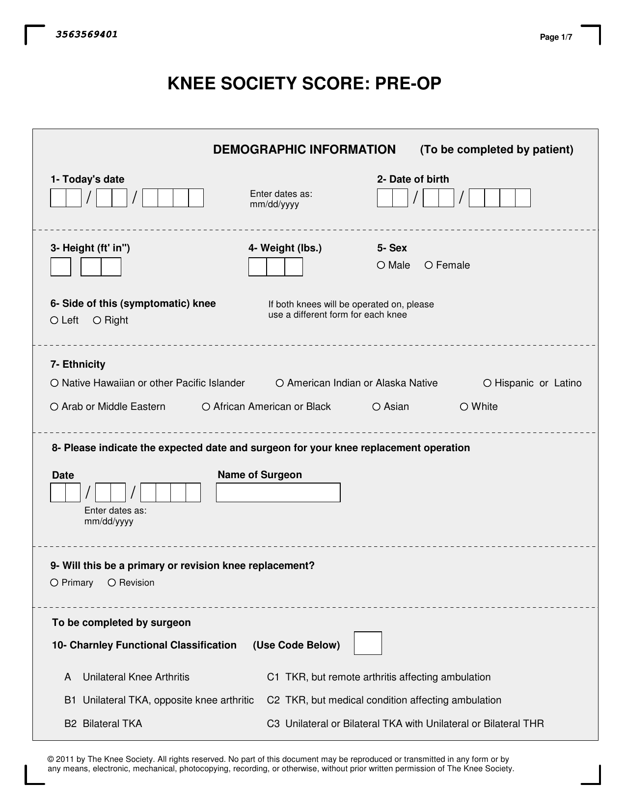 Knee Society Score (KSS) clinical assessment PDF form for knee function