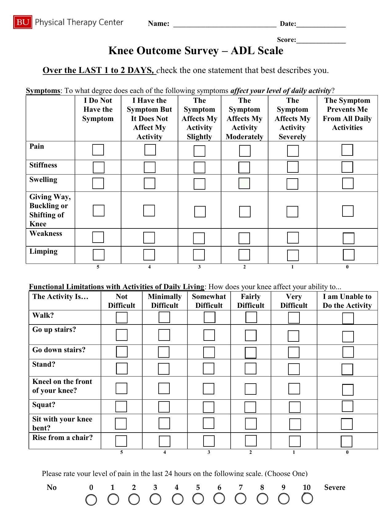 Knee Outcome Survey (KOS) PDF assessment form for knee symptoms and function