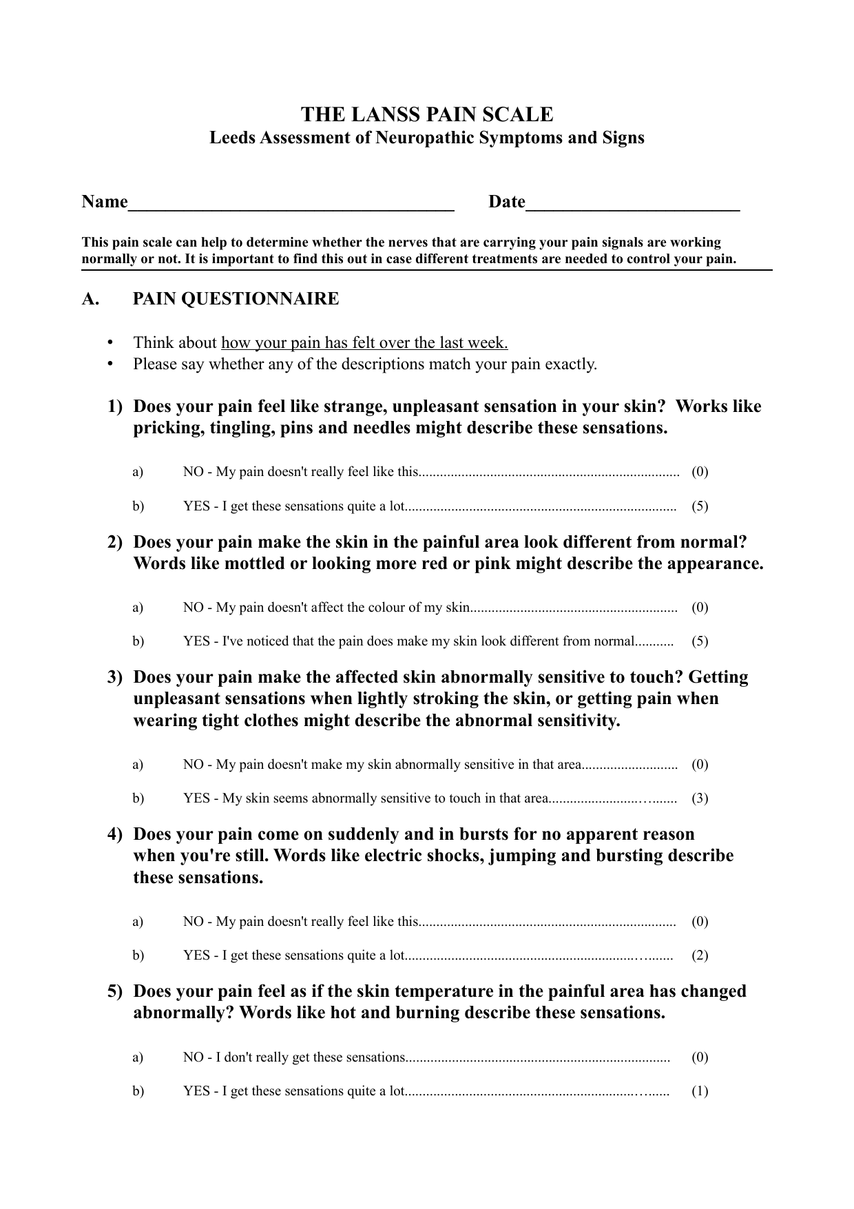 Leeds Assessment of Neuropathic Symptoms and Signs (LANSS) pain scale PDF form.