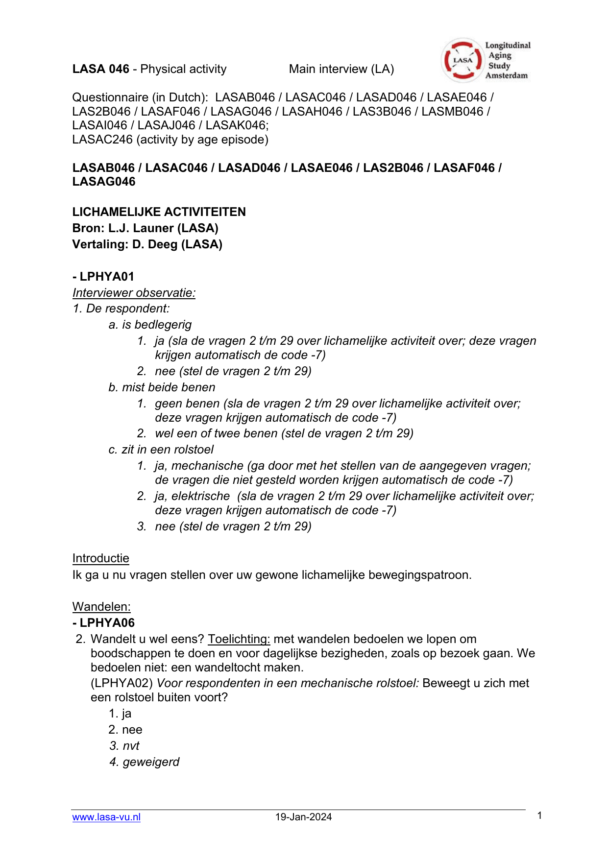 LASA Physical Activity Questionnaire (LAPAQ) PDF assessment form for measuring activity levels.
