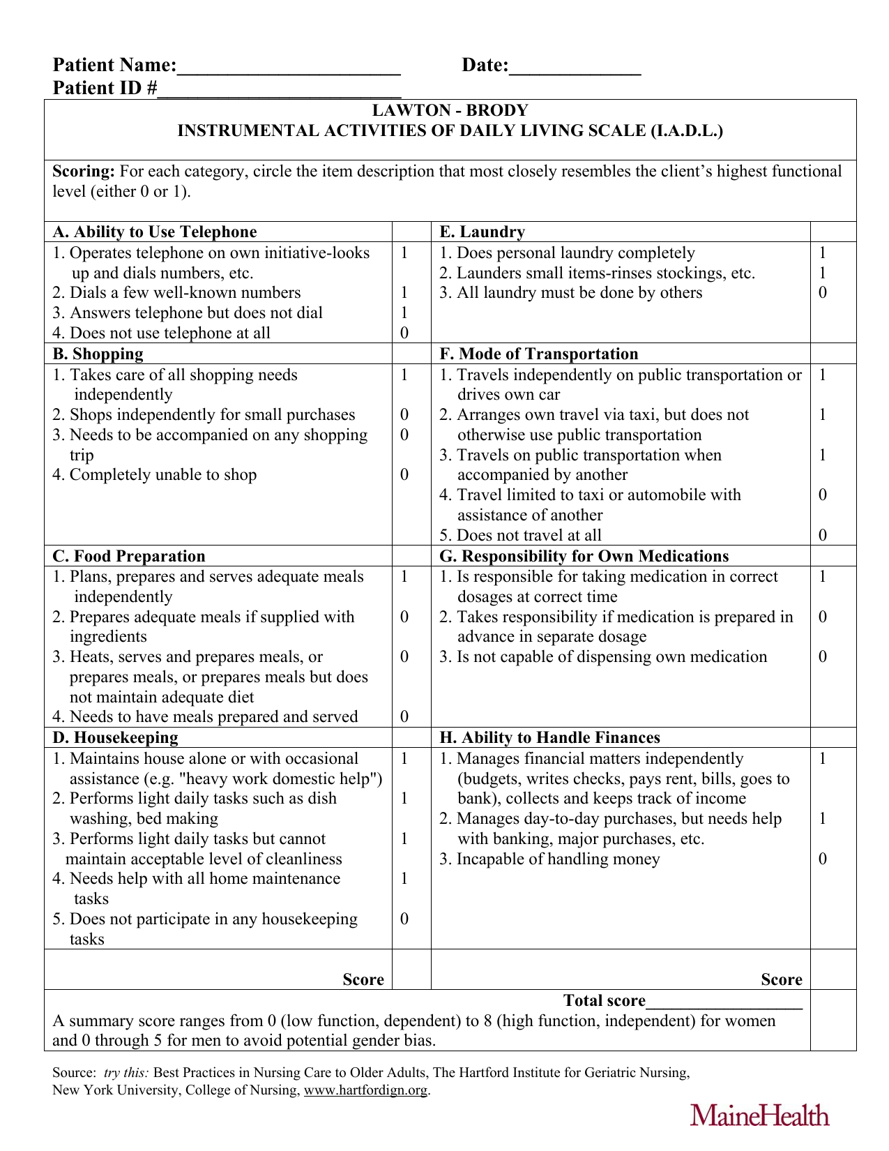 Lawton Instrumental Activities of Daily Living Scale (IADL) PDF assessment form